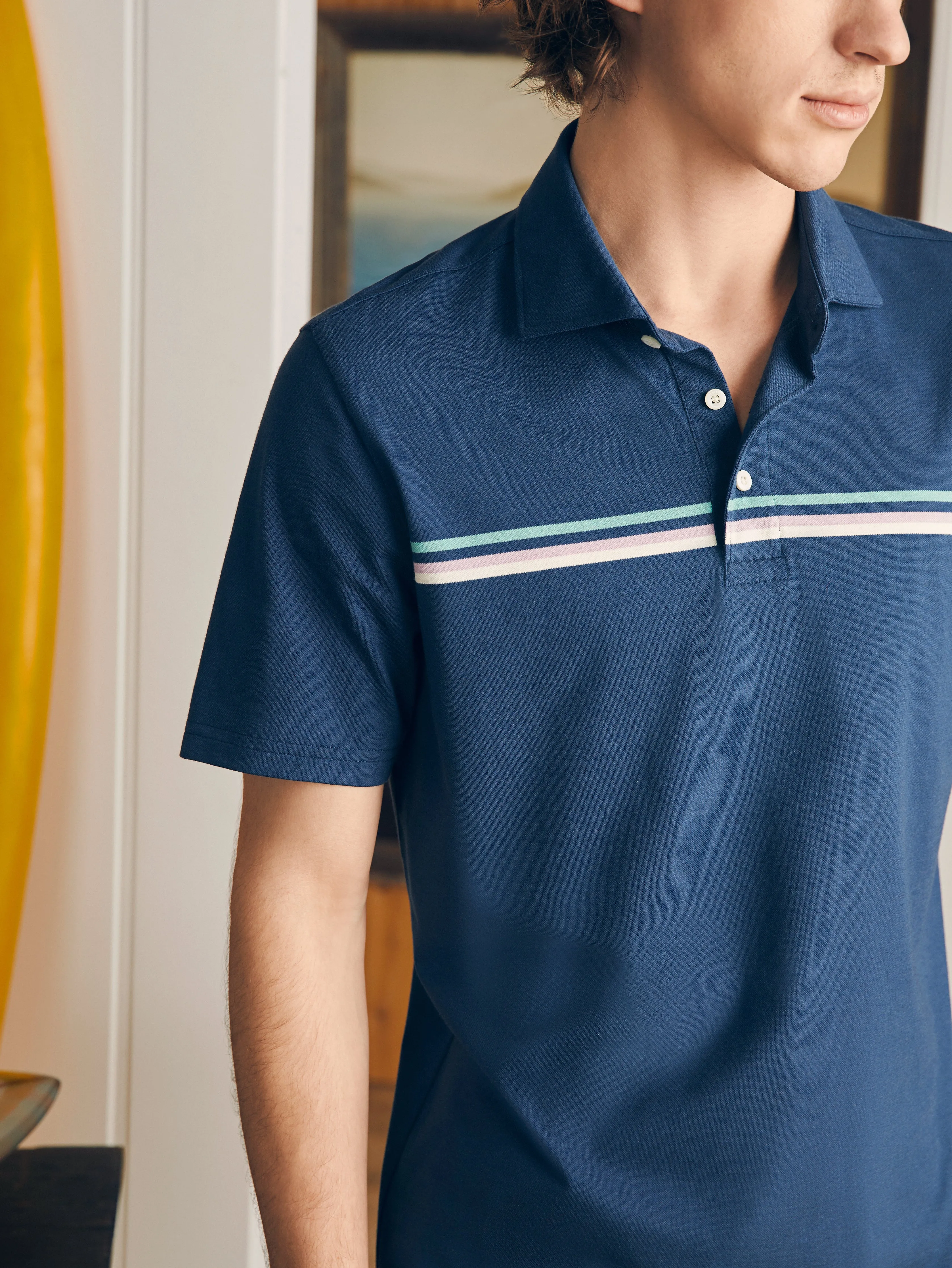 Movement™ Short-Sleeve Pique Polo Shirt - Navy Depere Stripe sold by Faherty product image thumbnail 2
