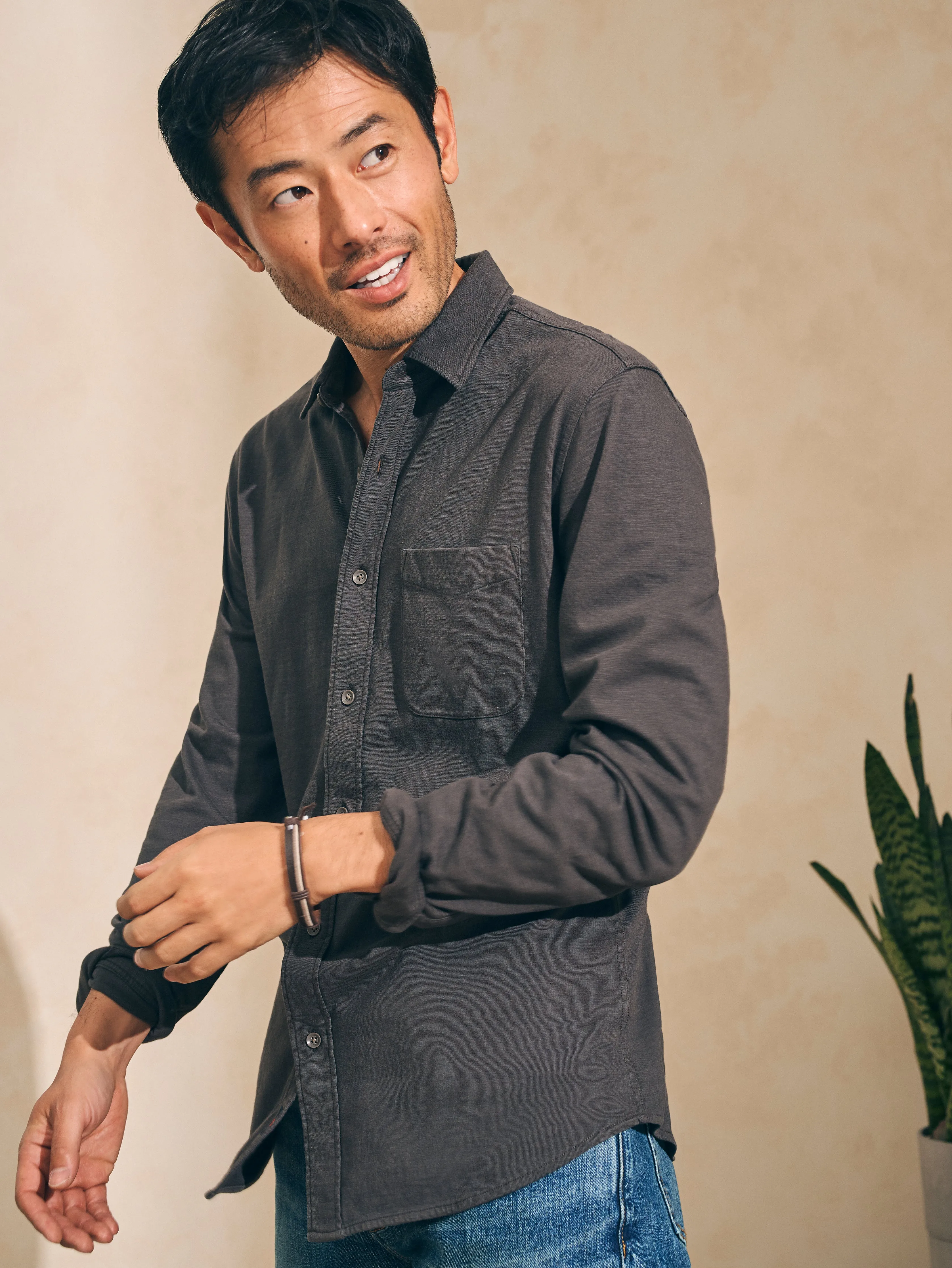 Sunwashed Knit Shirt (Single Pocket) - Washed Black sold by Faherty