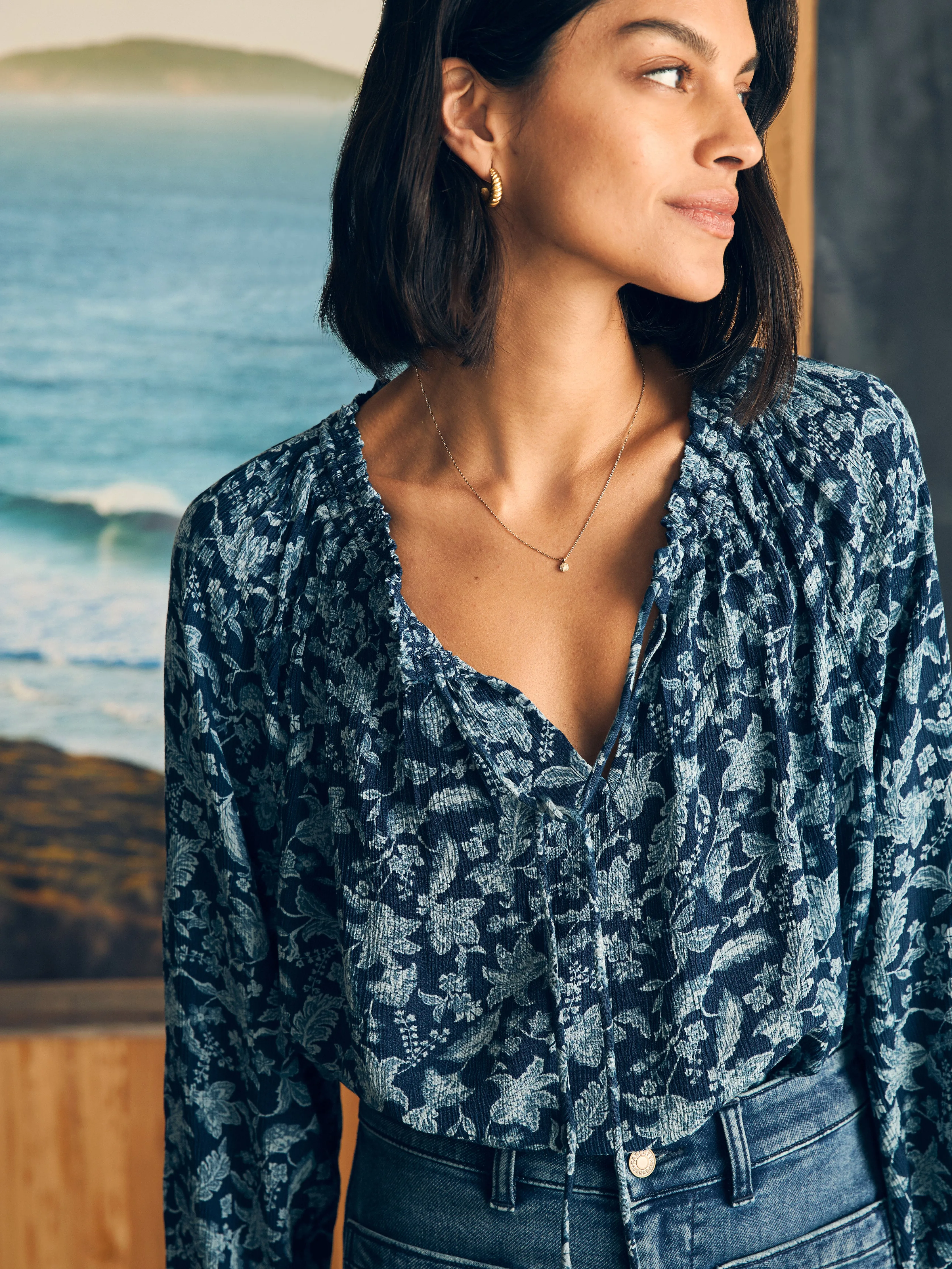Emery Blouse - Blue Esna Floral sold by Faherty