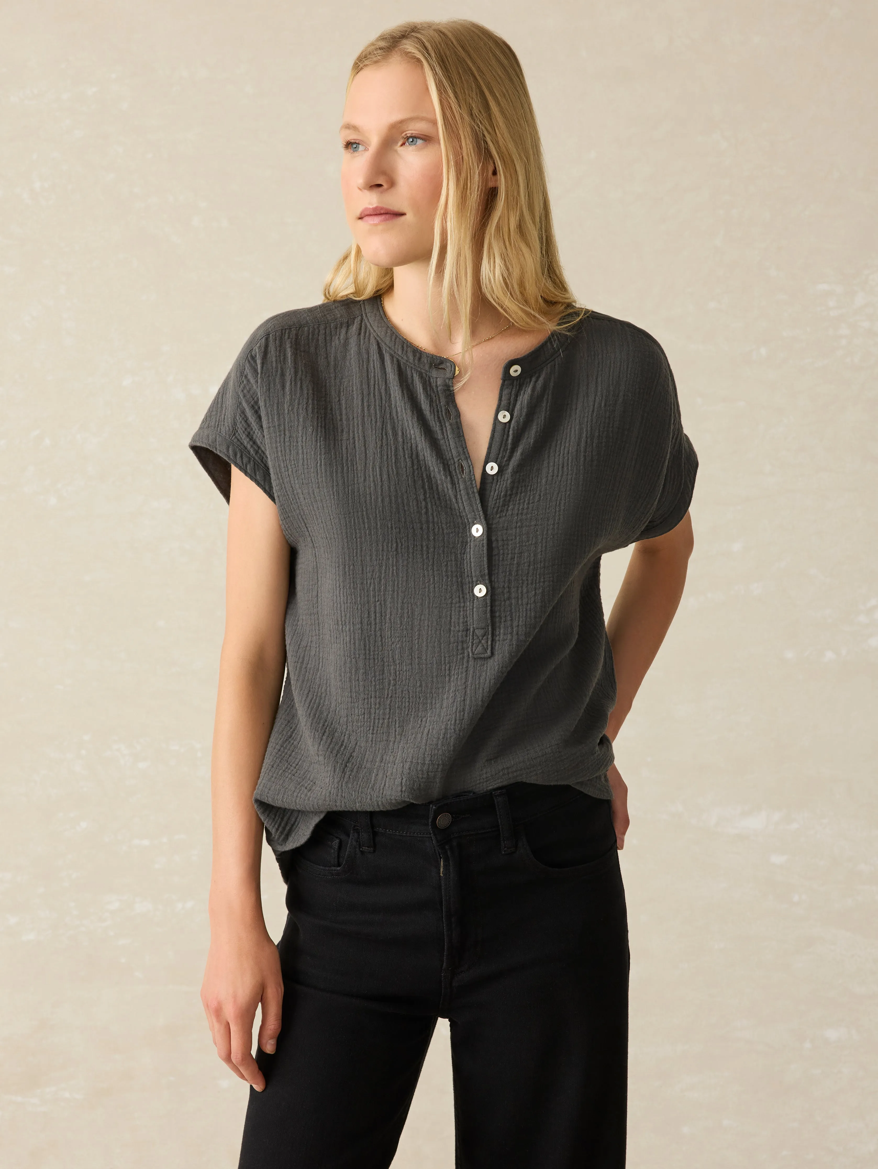 Dream Cotton Gauze Desmond Blouse - Washed Black sold by Faherty