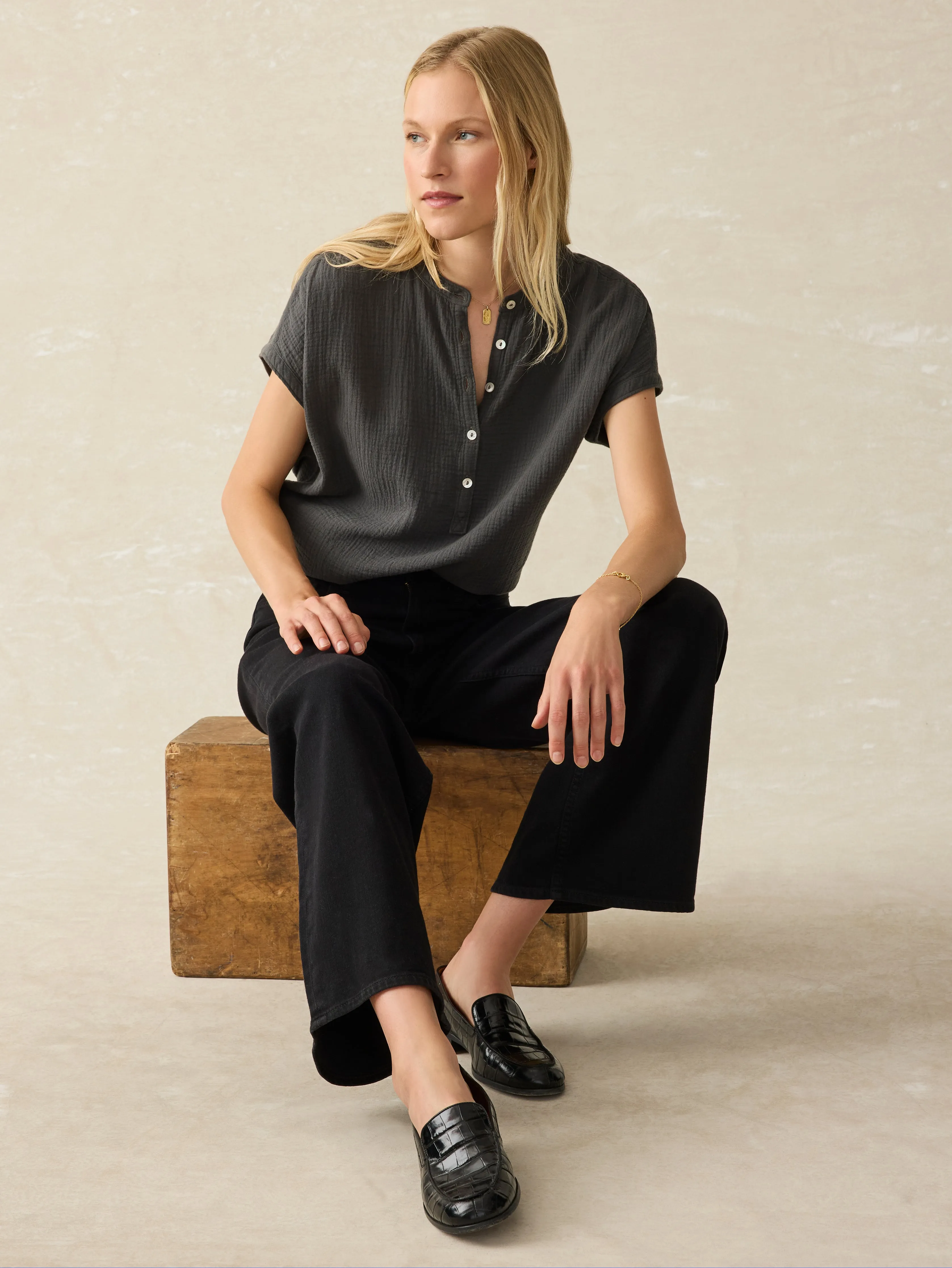 Dream Cotton Gauze Desmond Blouse - Washed Black sold by Faherty product image thumbnail 3