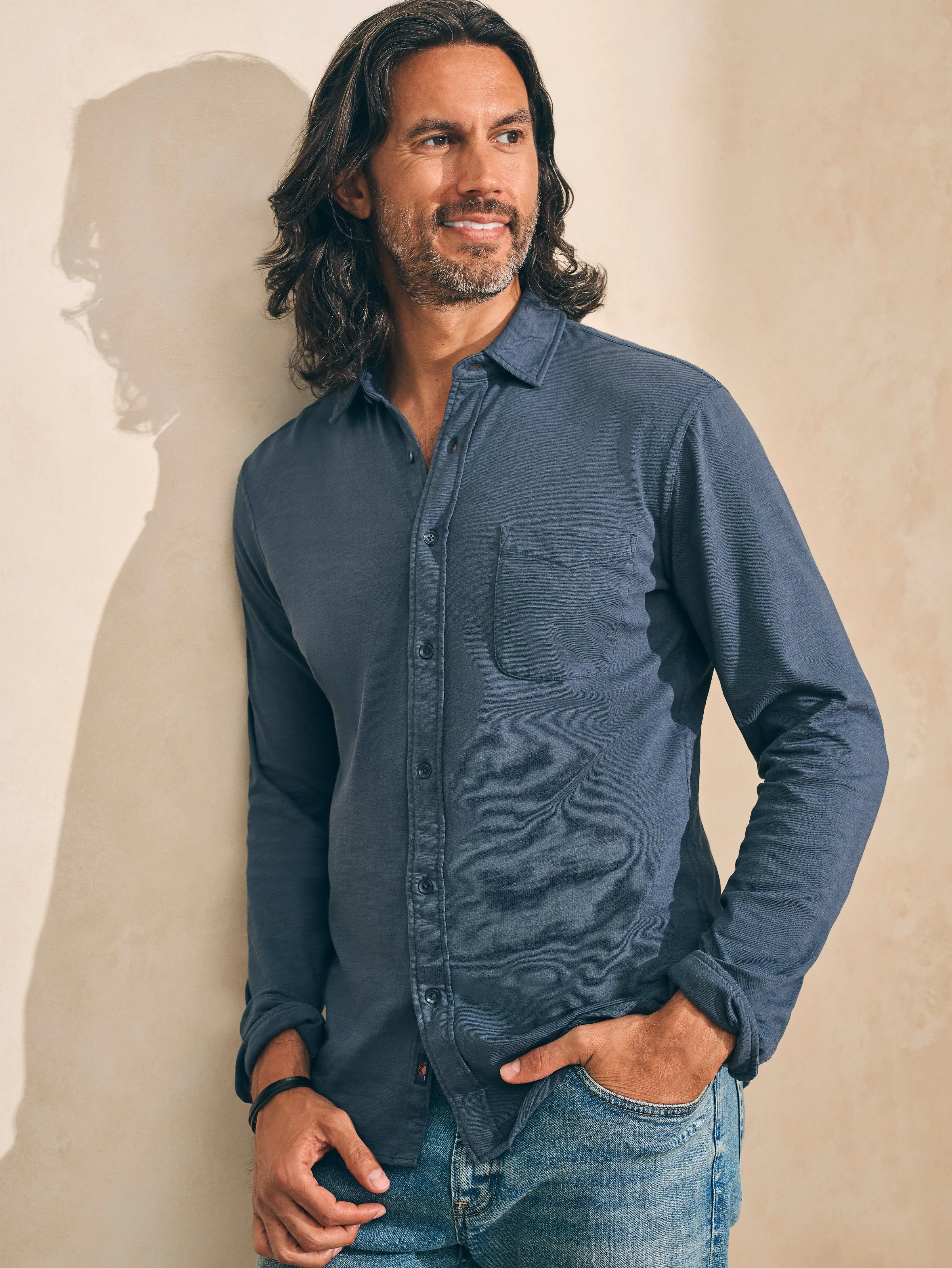 Sunwashed Knit Shirt (Single Pocket) - Dune Navy sold by Faherty