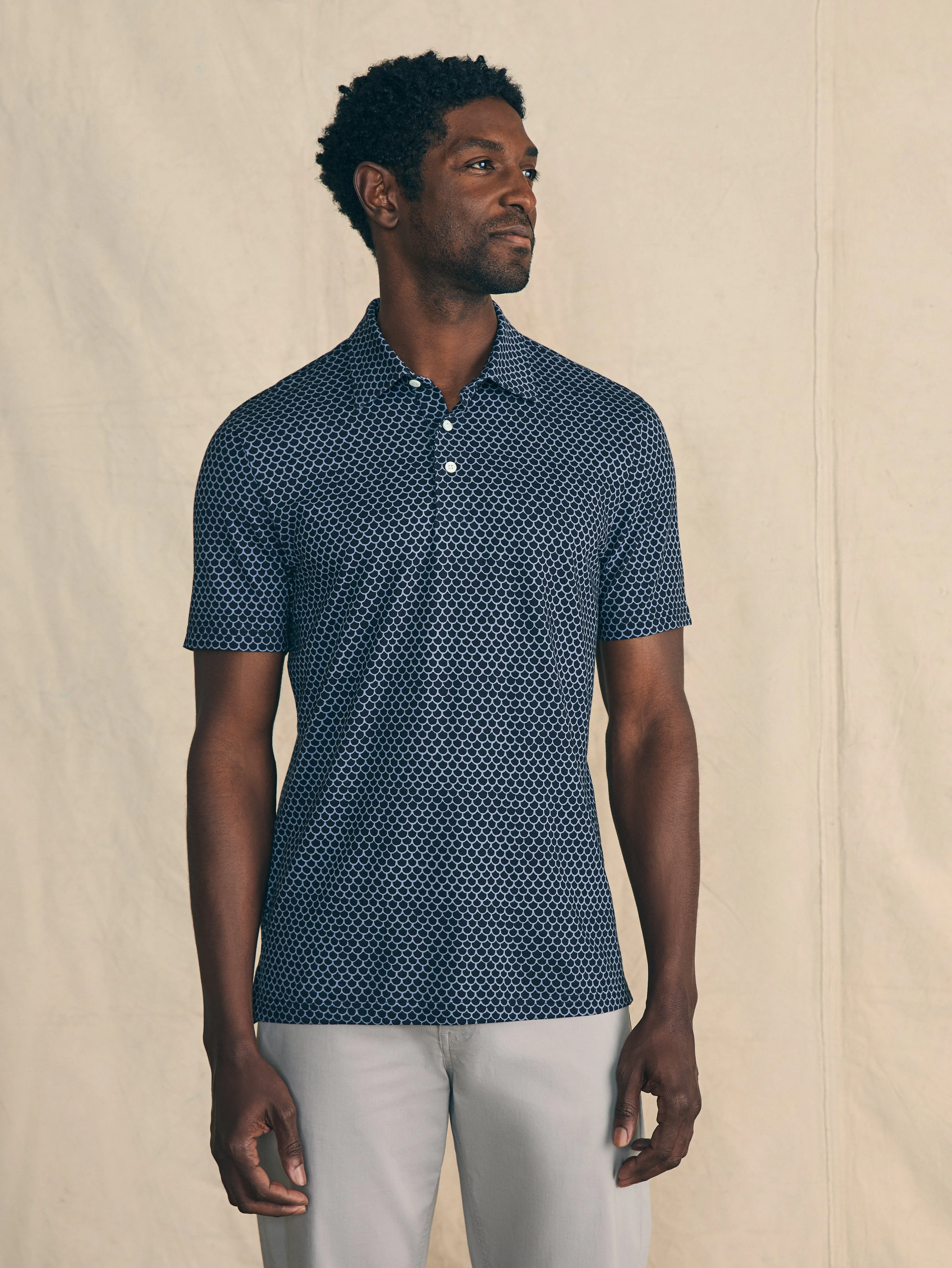 Movement™ Short-Sleeve Pique Polo Shirt - Midnight Fishscale sold by Faherty