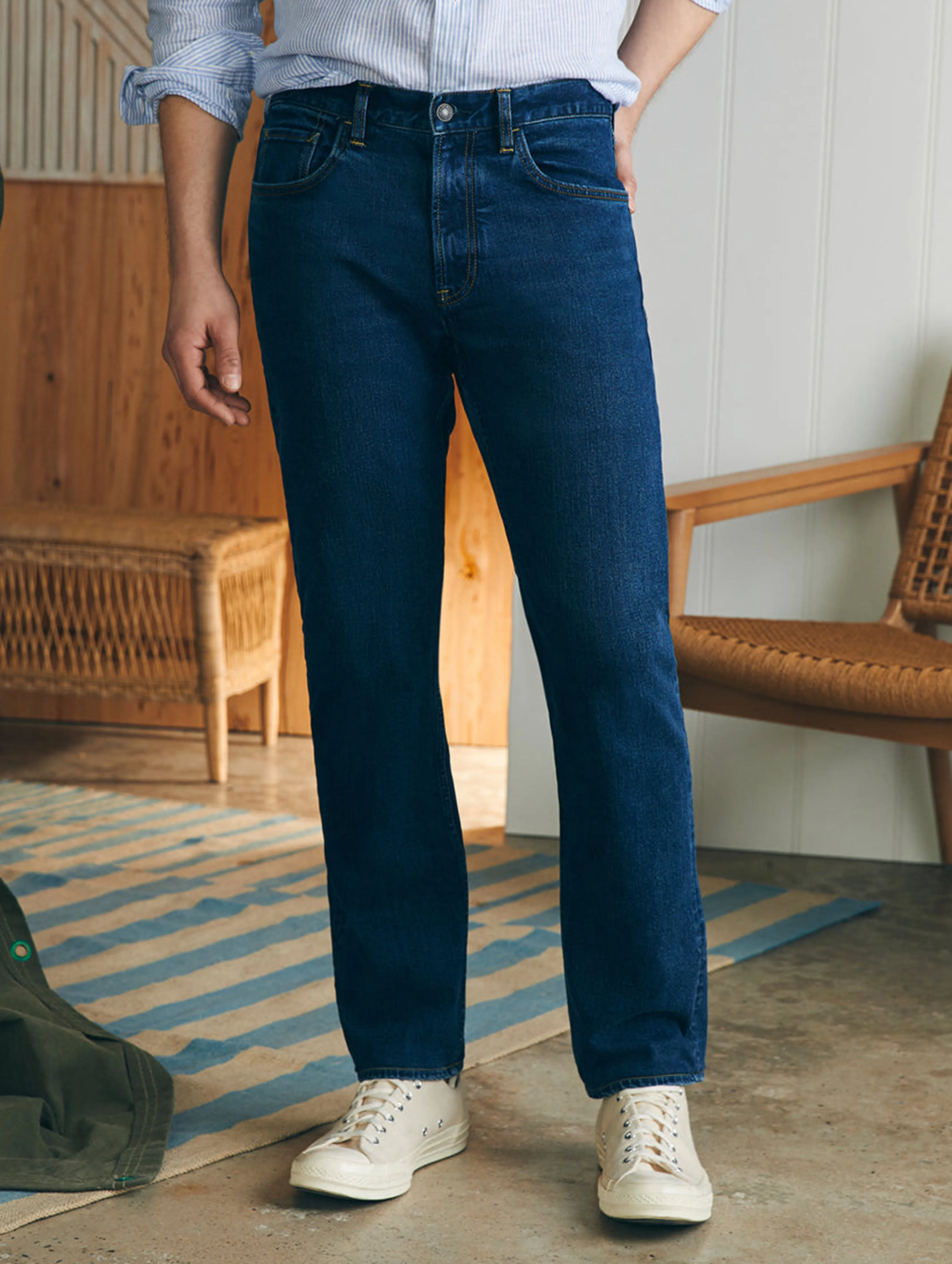 Organic Cotton Slim Straight Denim (32" Inseam) - Cove Point Wash sold by Faherty