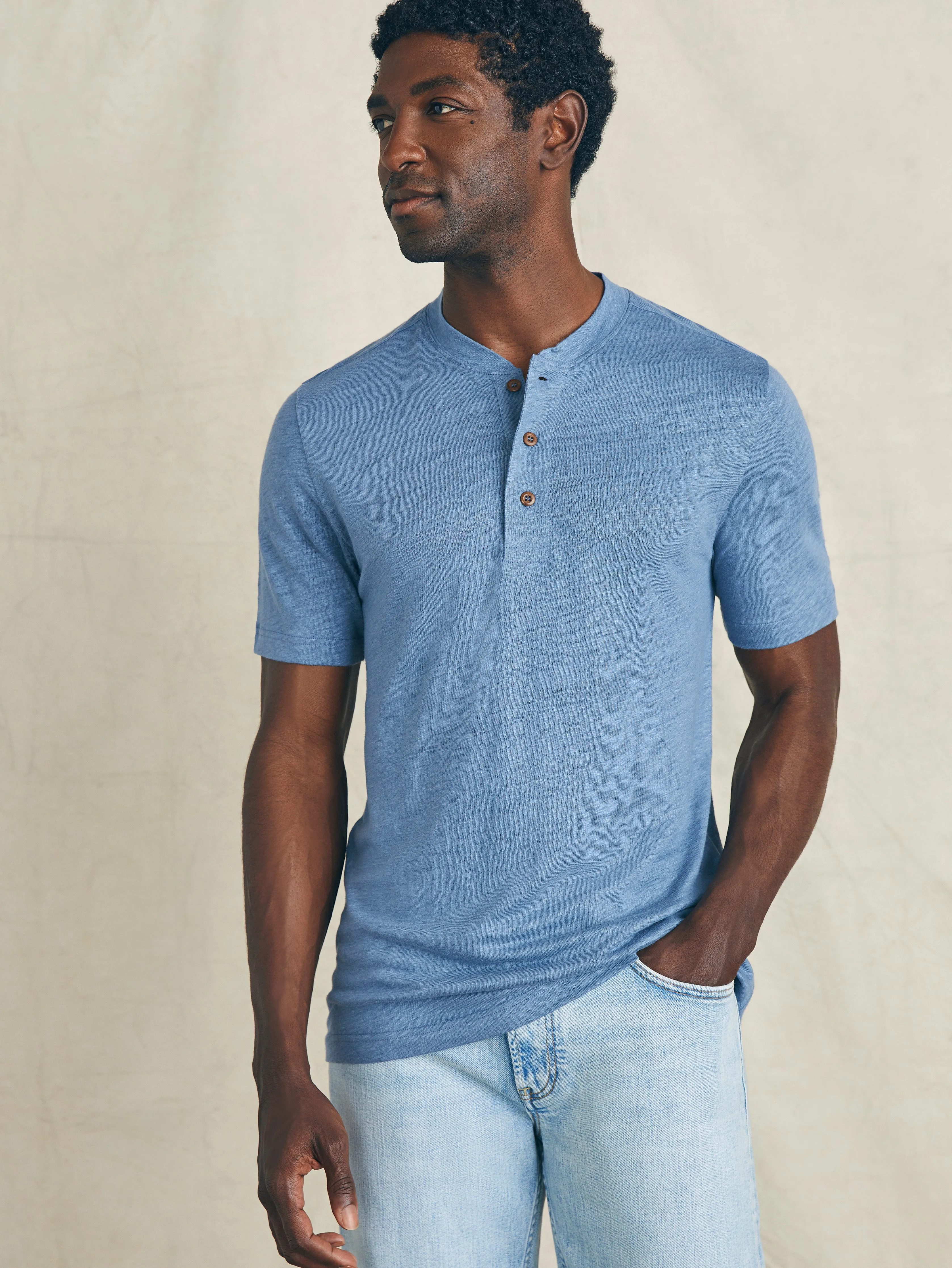 Short-Sleeve Linen Henley - Breaker Blue sold by Faherty