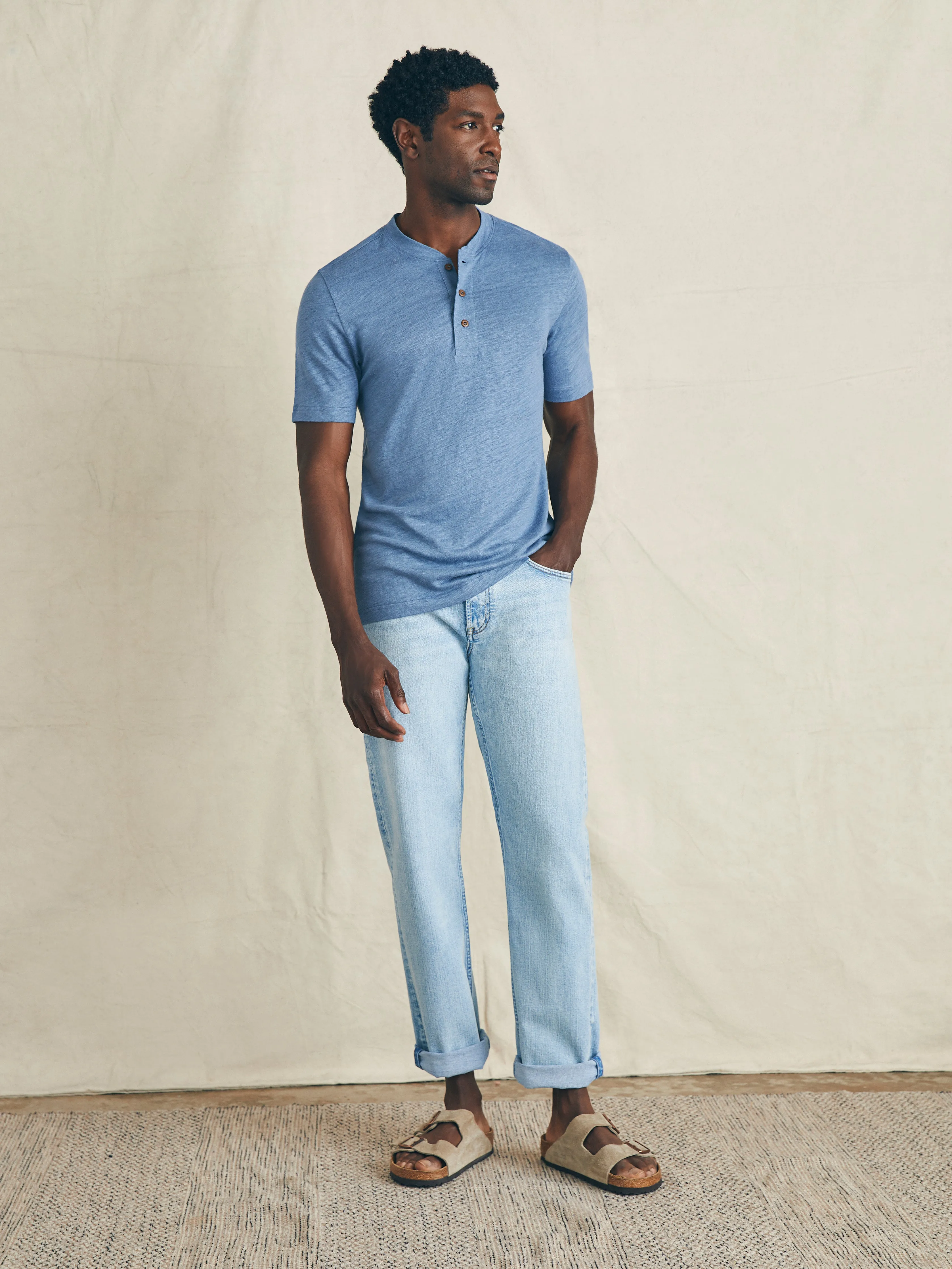 Short-Sleeve Linen Henley - Breaker Blue sold by Faherty product image thumbnail 3