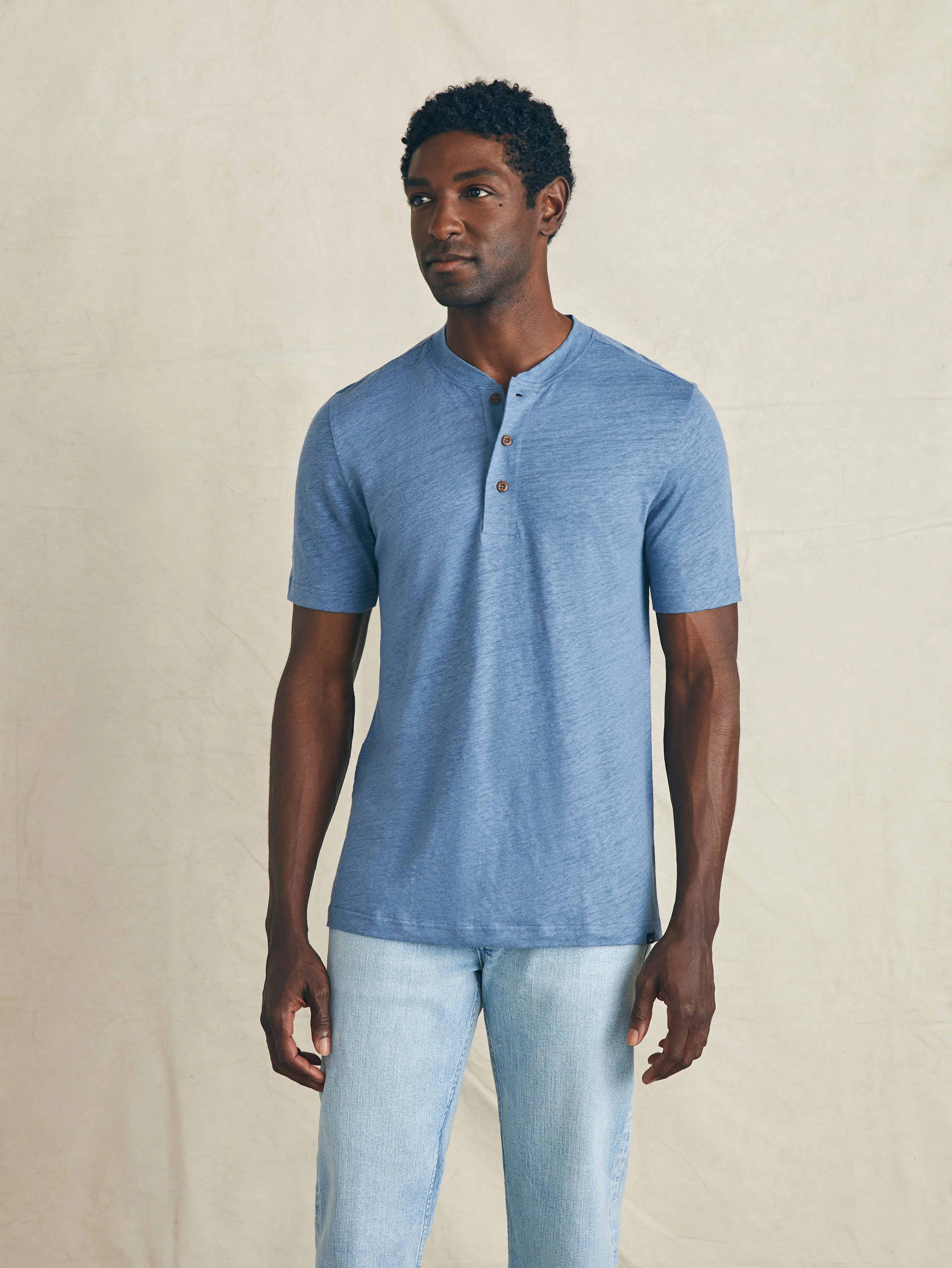 Short-Sleeve Linen Henley - Breaker Blue sold by Faherty product image thumbnail 4