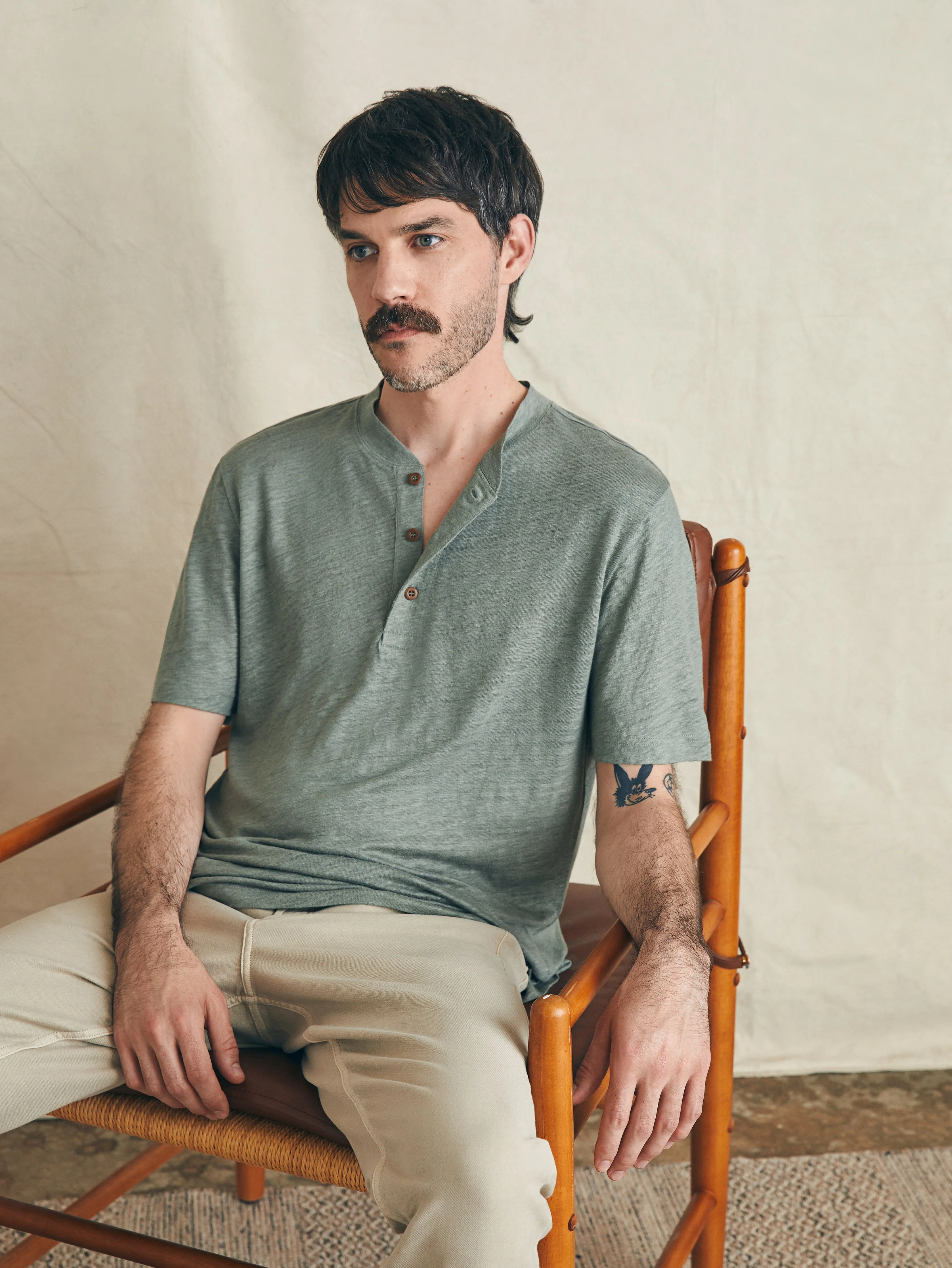 Short-Sleeve Linen Henley - Desert Olive sold by Faherty