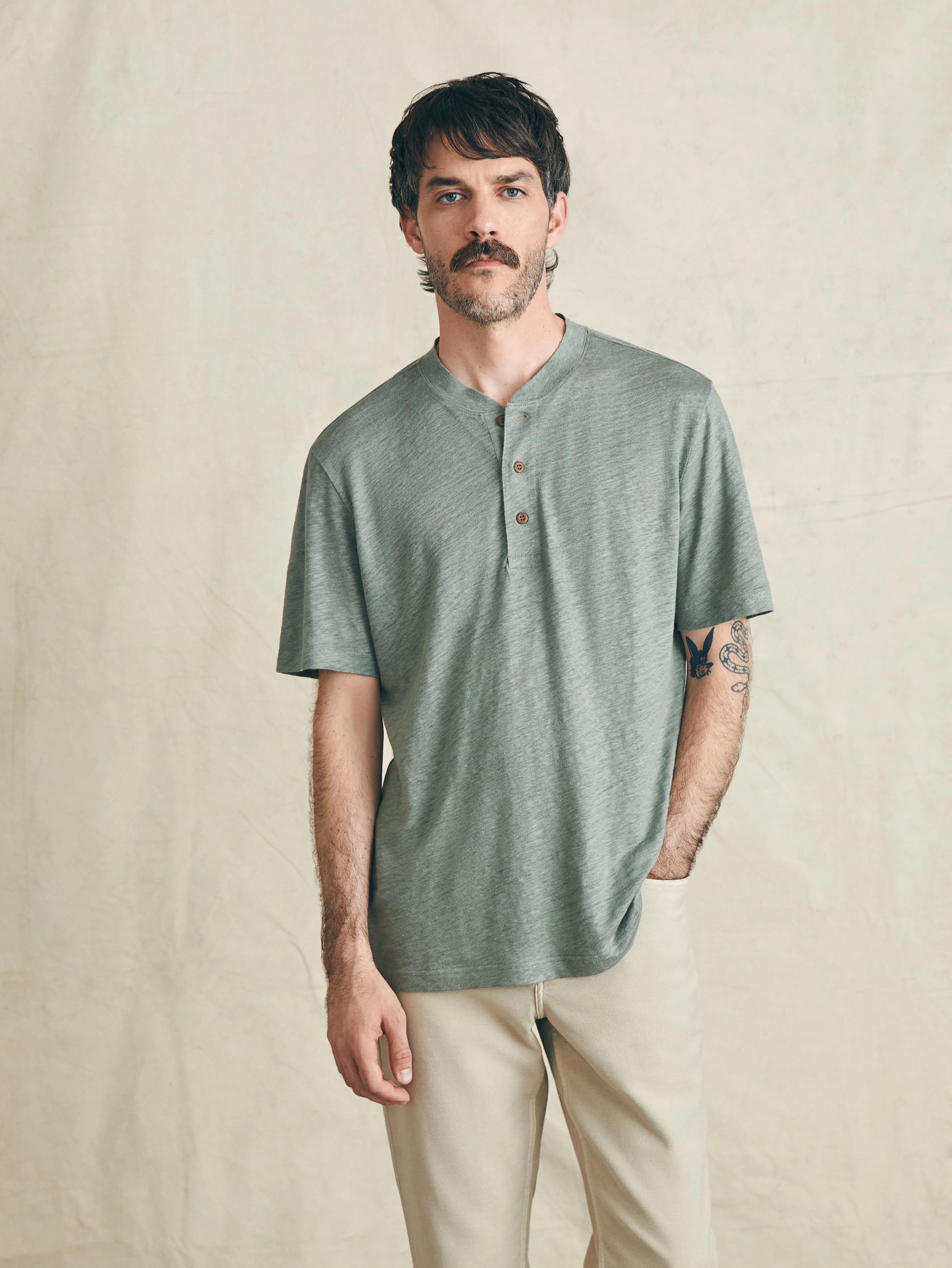 Short-Sleeve Linen Henley - Desert Olive sold by Faherty product image thumbnail 3