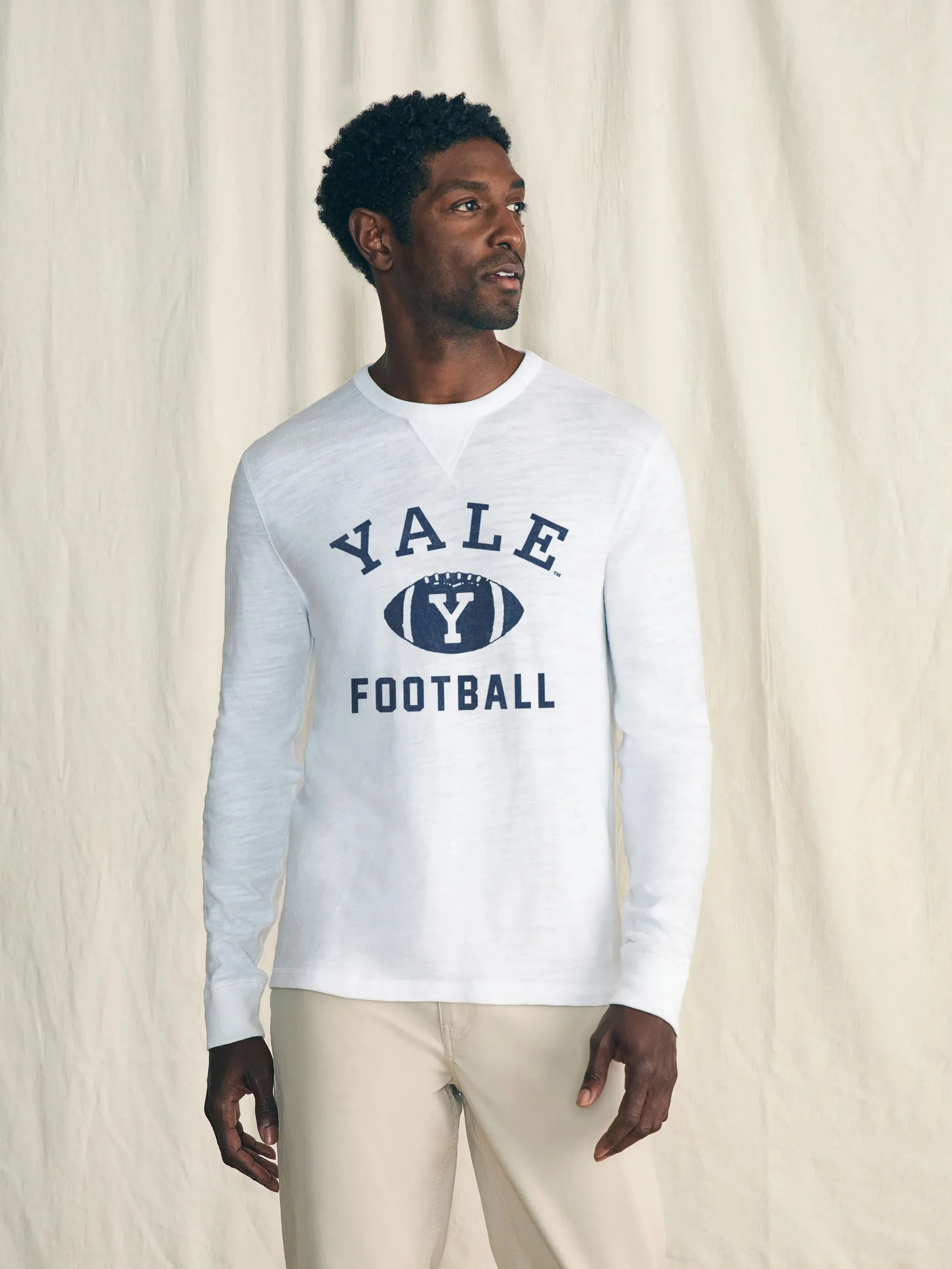 Sunwashed Slub Yale Logo Crew - White sold by Faherty