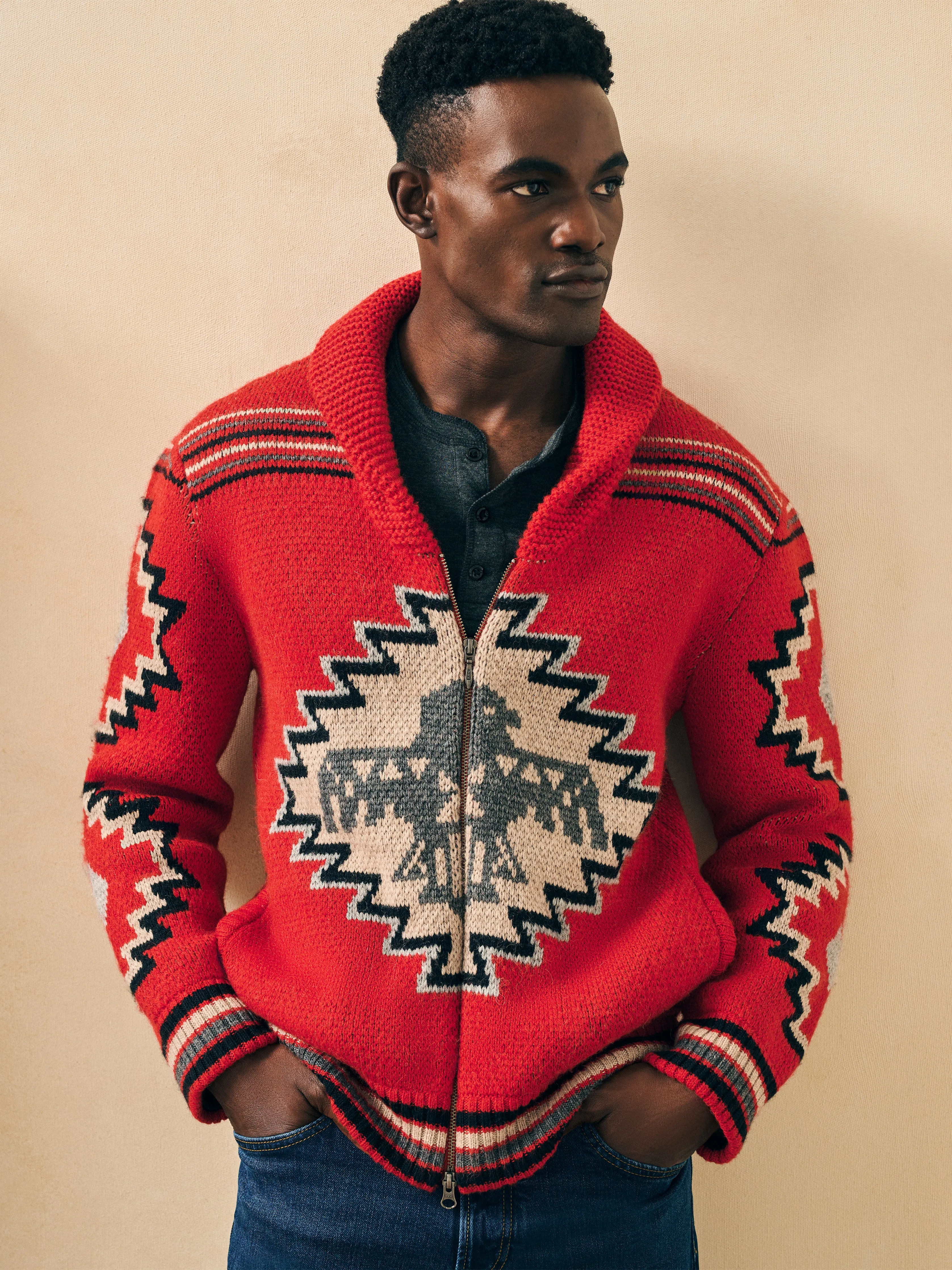 Steven Paul Judd Thunderbird Cardigan - Red Thunderbird sold by Faherty