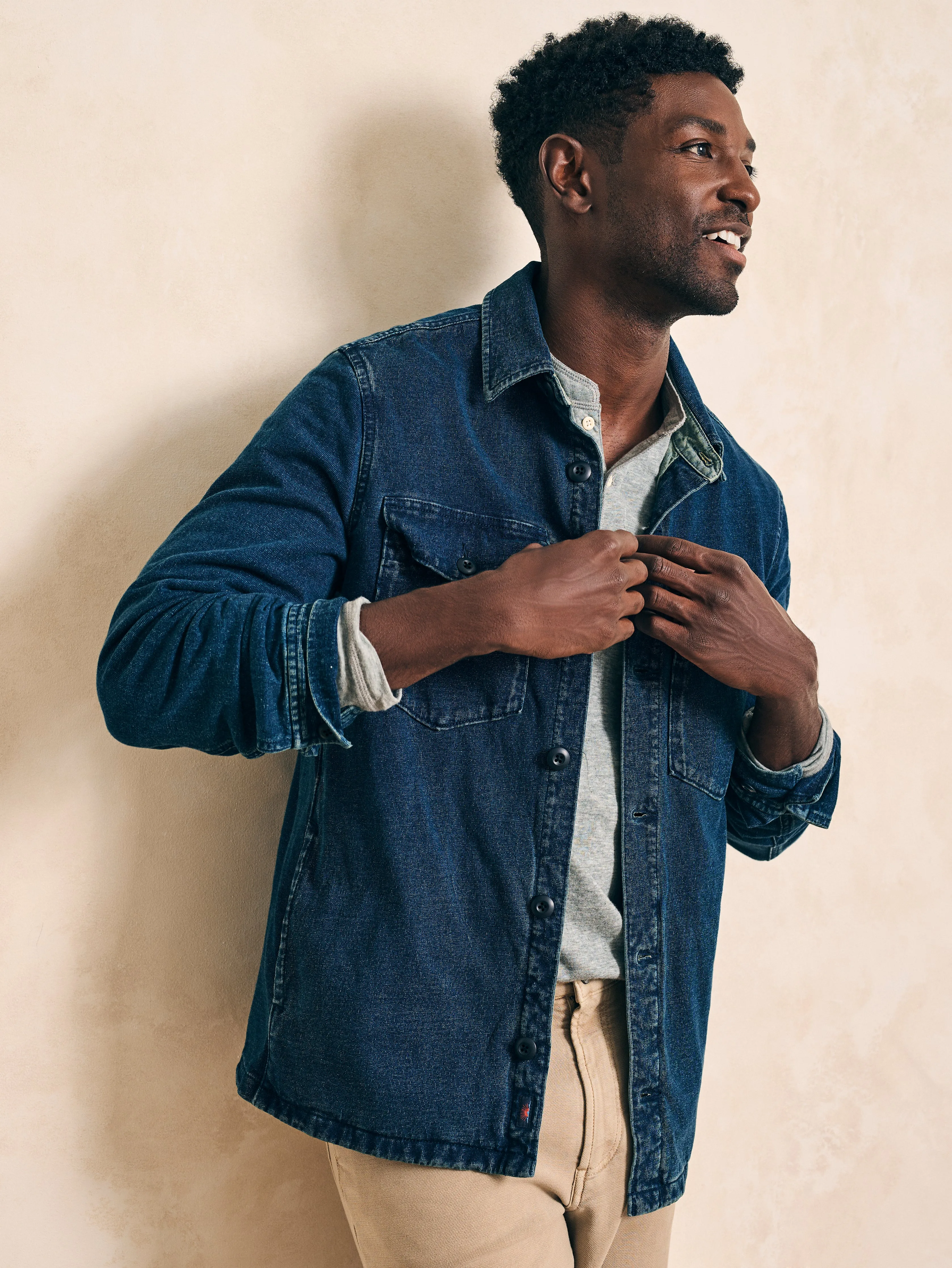 Jersey Shirt Jacket - Indigo sold by Faherty