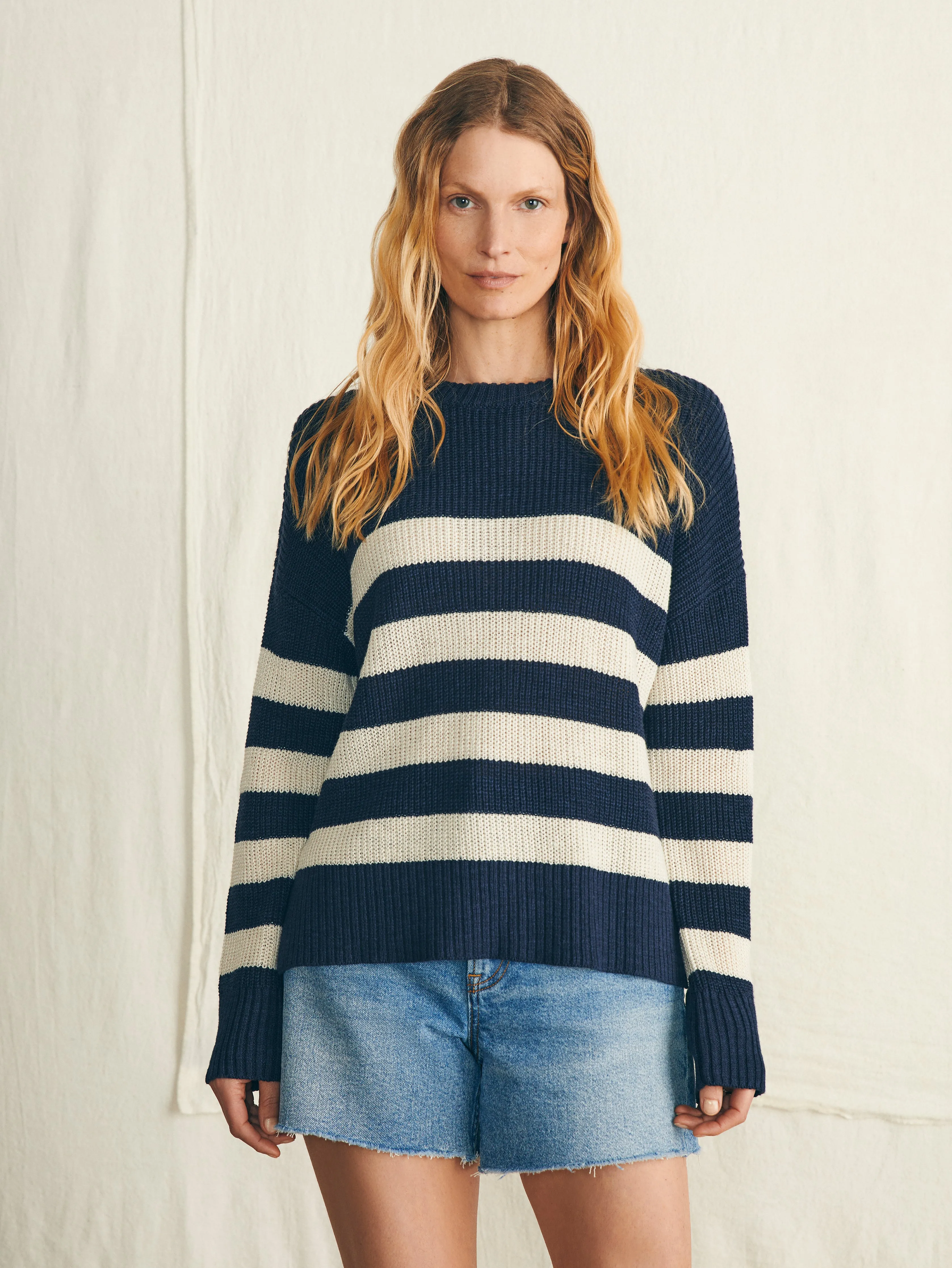 Miramar Linen Crewneck Sweater - Kadena Navy Stripe sold by Faherty product image thumbnail 3