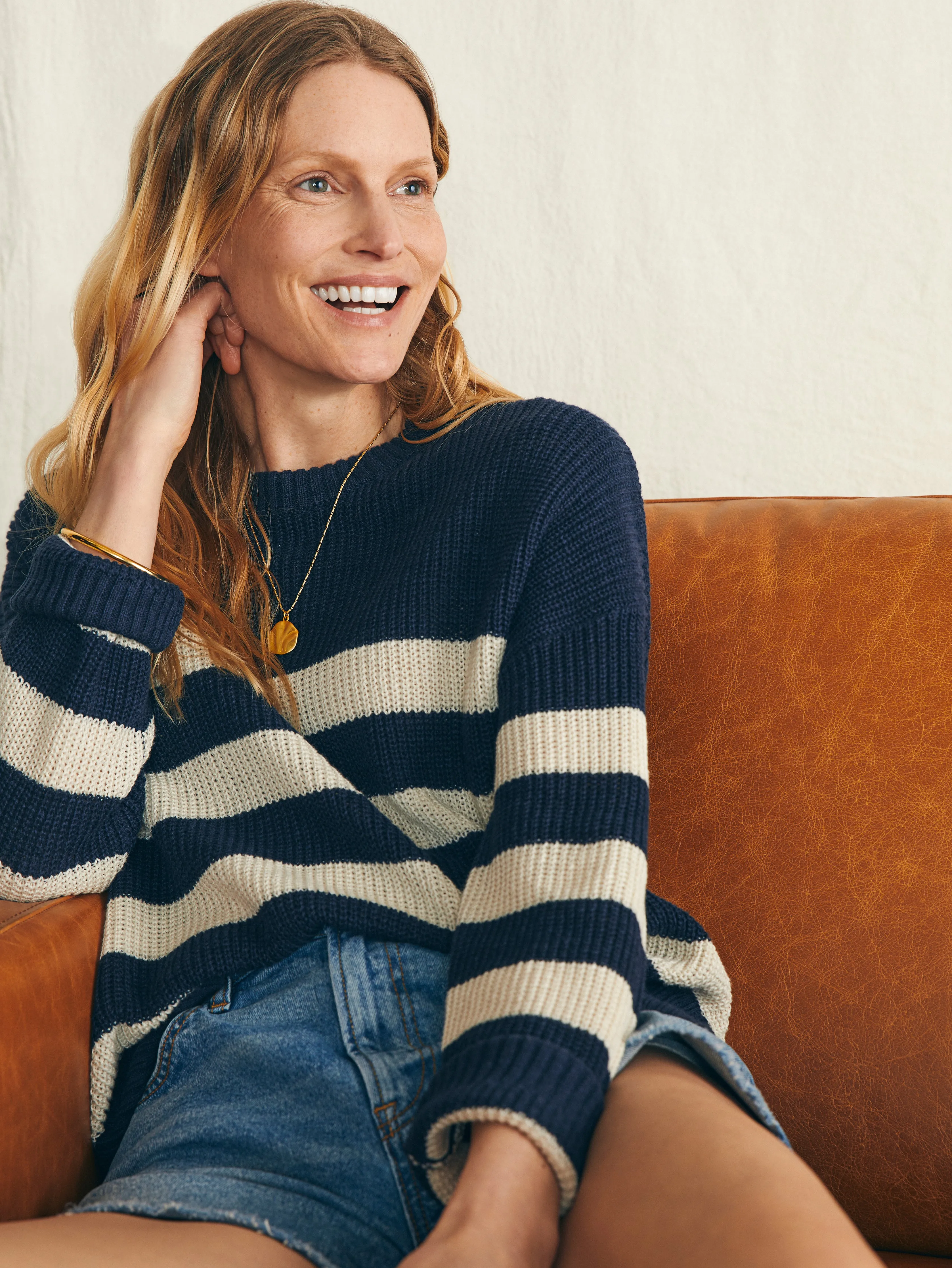 Miramar Linen Crewneck Sweater - Kadena Navy Stripe sold by Faherty product image thumbnail 2