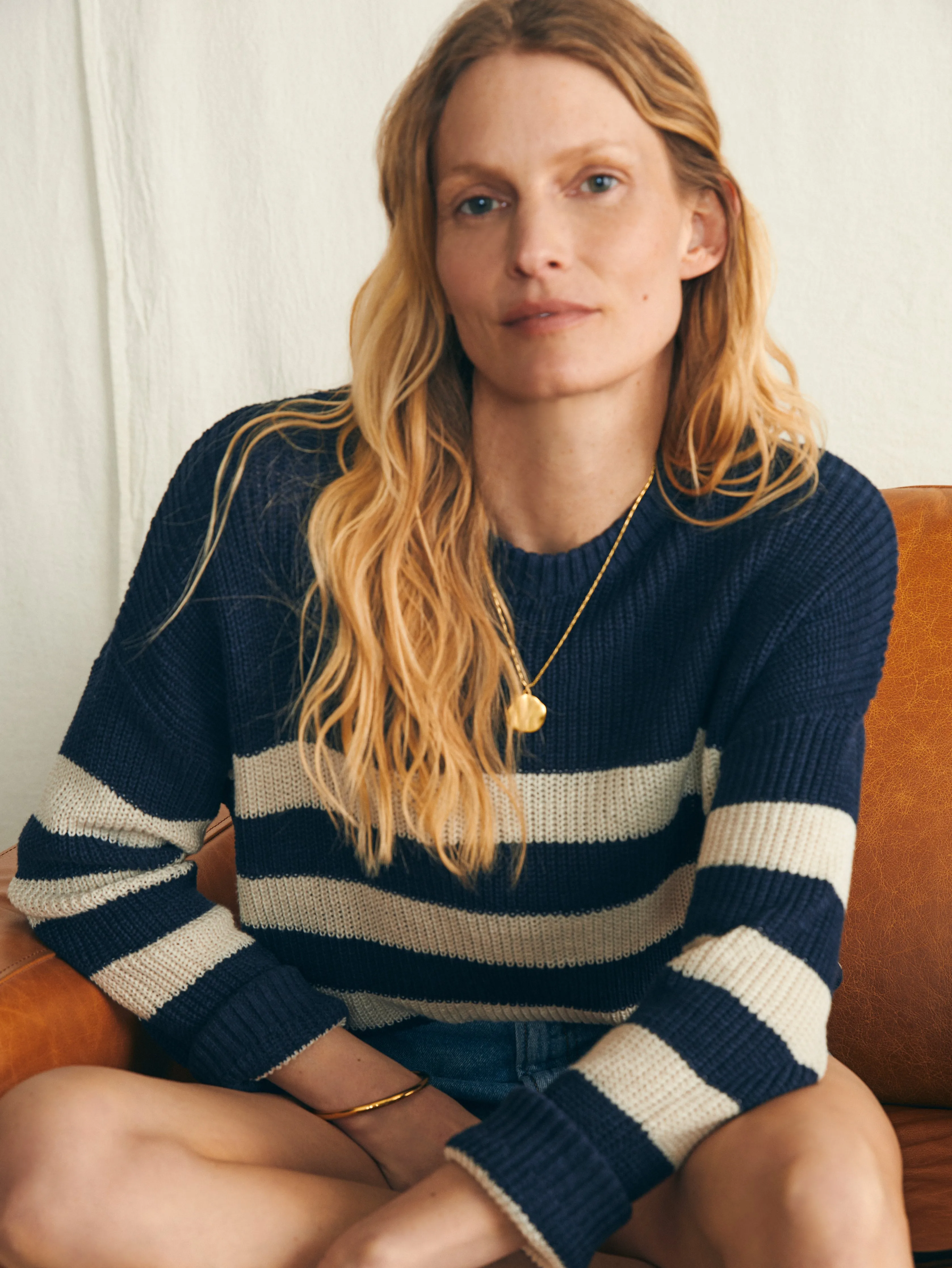 Miramar Linen Crewneck Sweater - Kadena Navy Stripe sold by Faherty product image thumbnail 5
