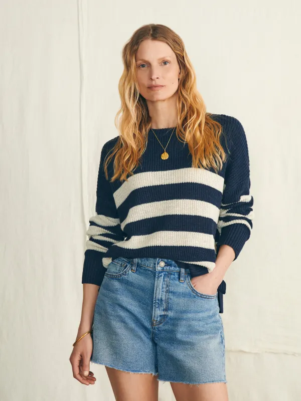 Miramar Linen Crewneck Sweater - Kadena Navy Stripe sold by Faherty