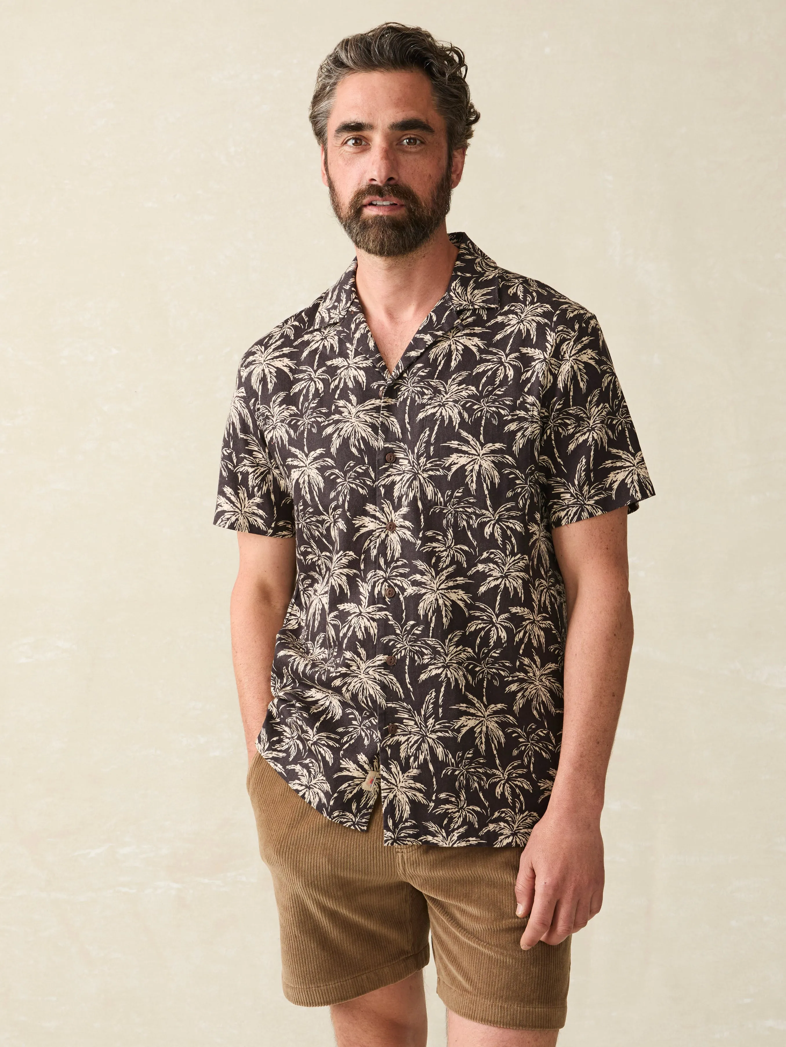 Short-Sleeve Hemp Blend Camp Shirt - Charcoal Tropic Trees sold by Faherty