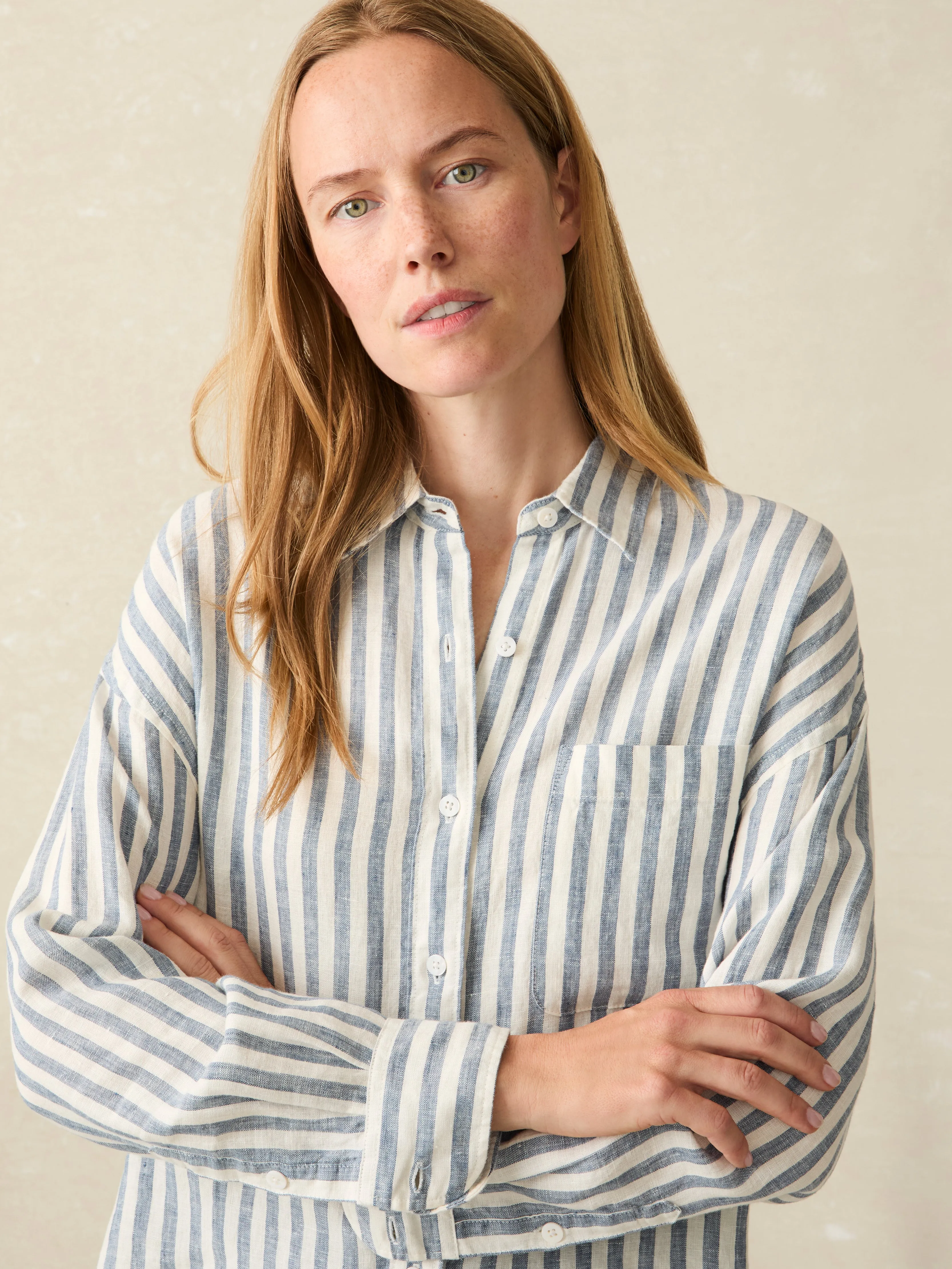 Laguna Linen Relaxed Shirt - Blue Lucy Stripe sold by Faherty