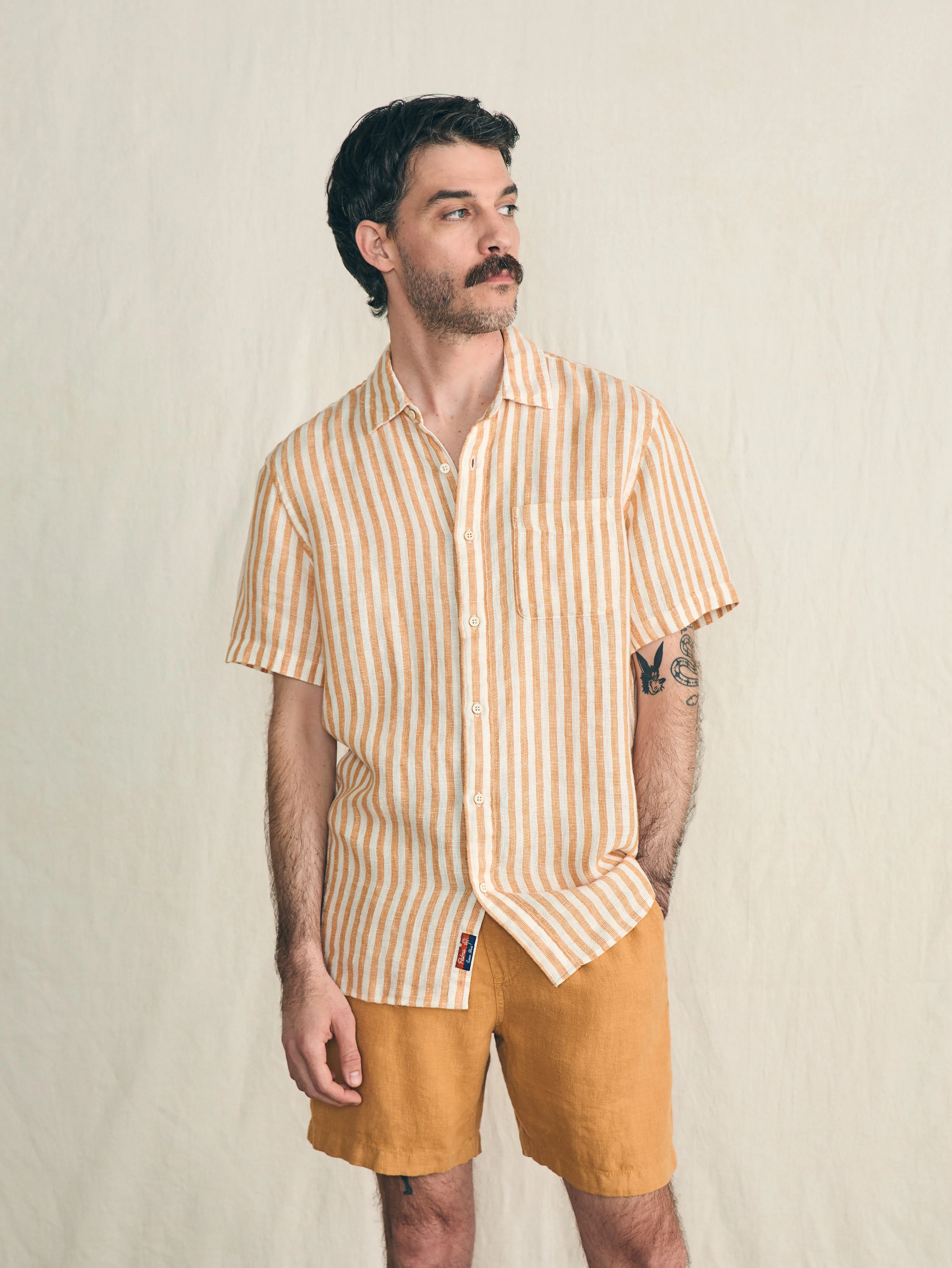Short-Sleeve Palma Linen Shirt - Gold Ivory Stripe sold by Faherty