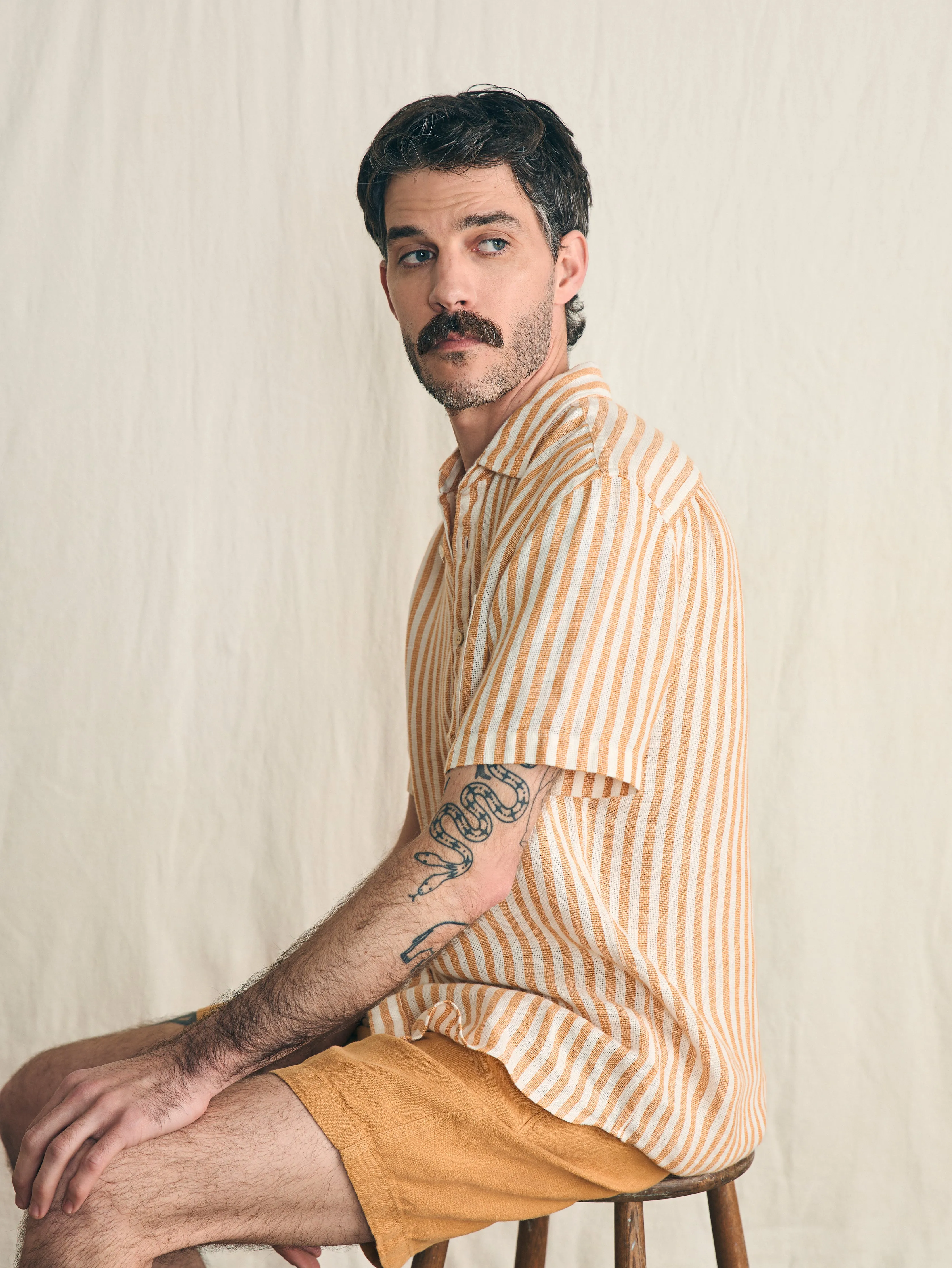 Short-Sleeve Palma Linen Shirt - Gold Ivory Stripe sold by Faherty product image thumbnail 5