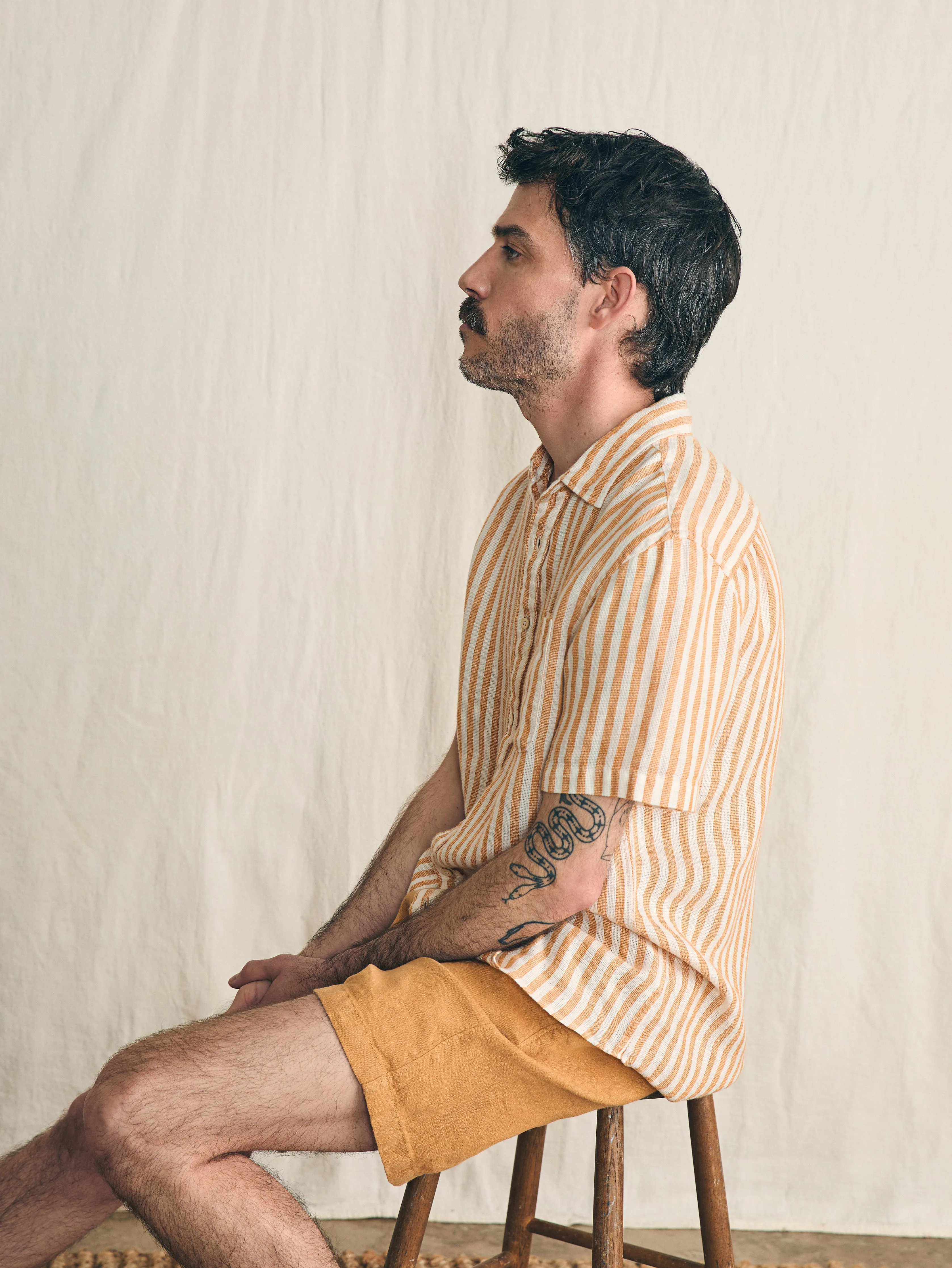Short-Sleeve Palma Linen Shirt - Gold Ivory Stripe sold by Faherty product image thumbnail 3