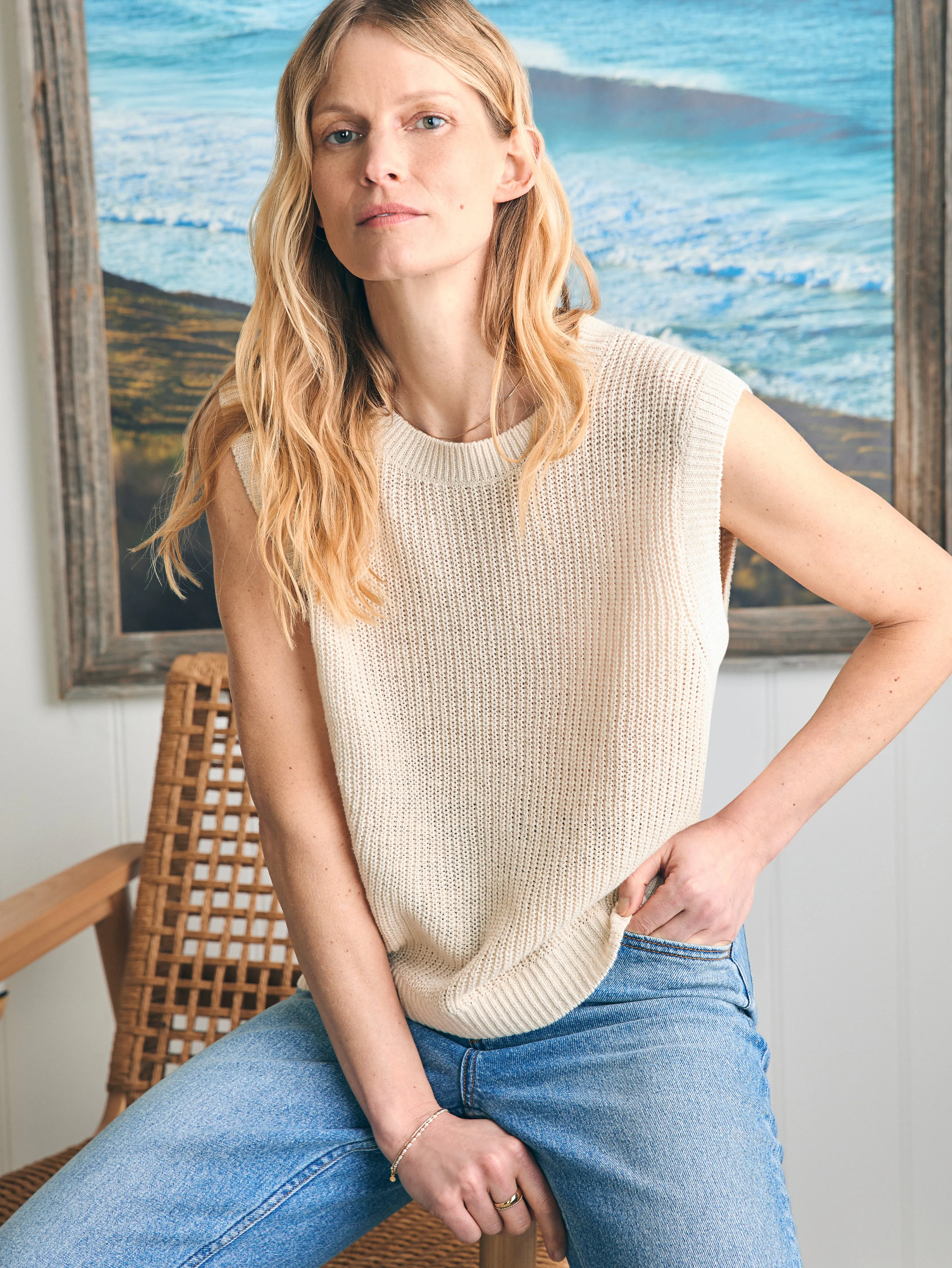 Miramar Linen Muscle Tank - Summer Sand sold by Faherty