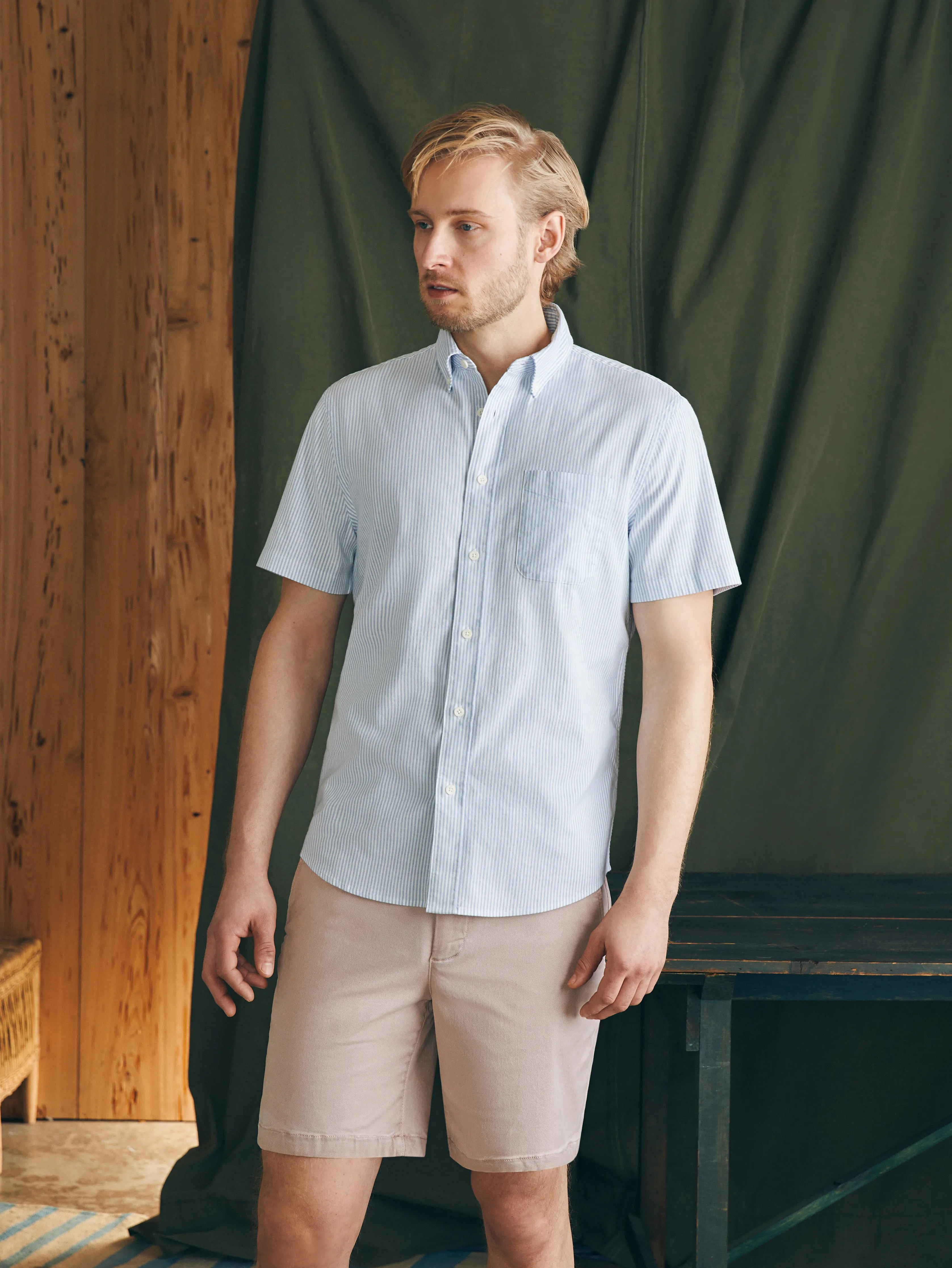 Short-Sleeve Supima Oxford Shirt - Classic Stripe sold by Faherty product image thumbnail 3