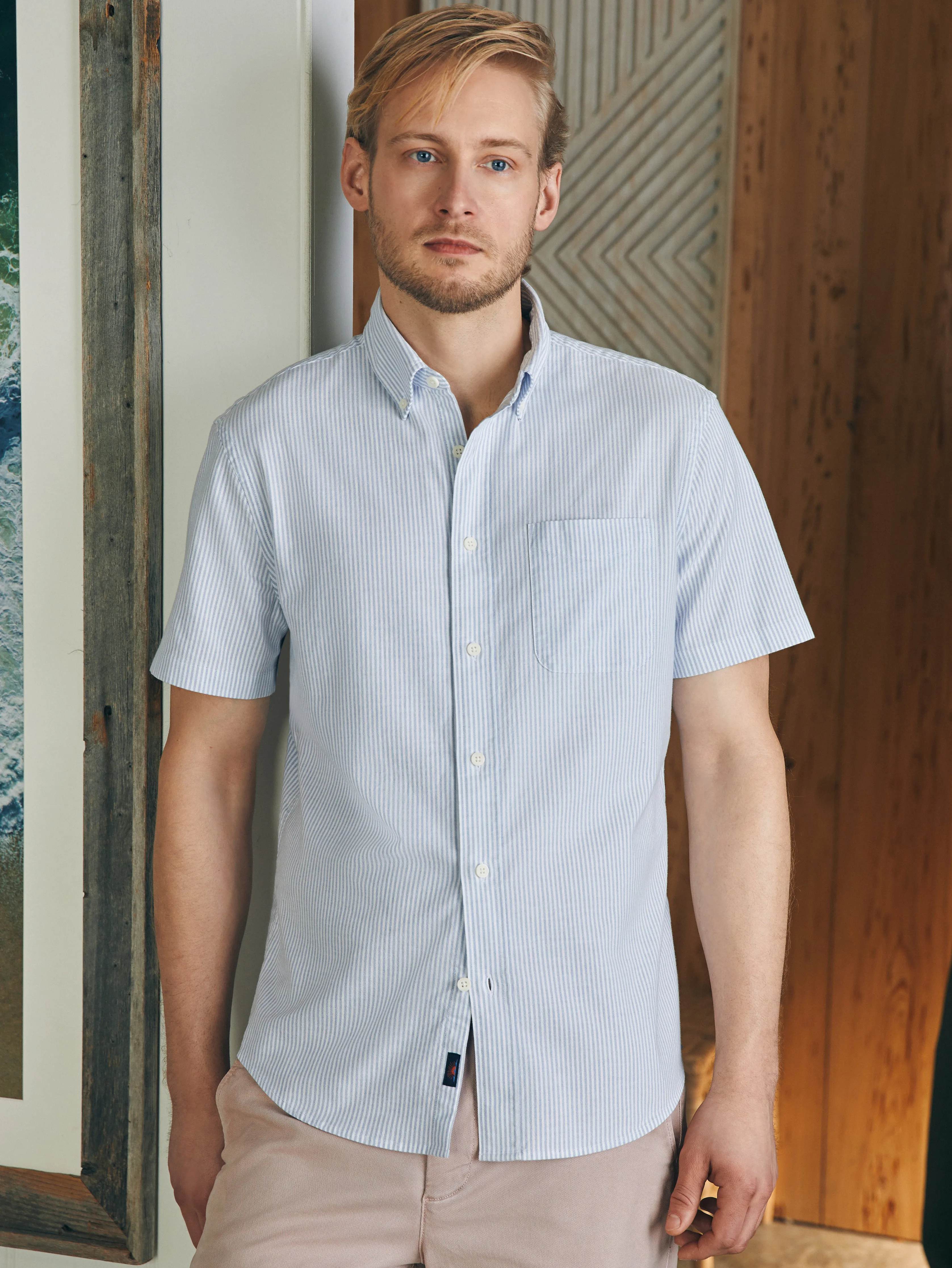 Short-Sleeve Supima Oxford Shirt - Classic Stripe sold by Faherty