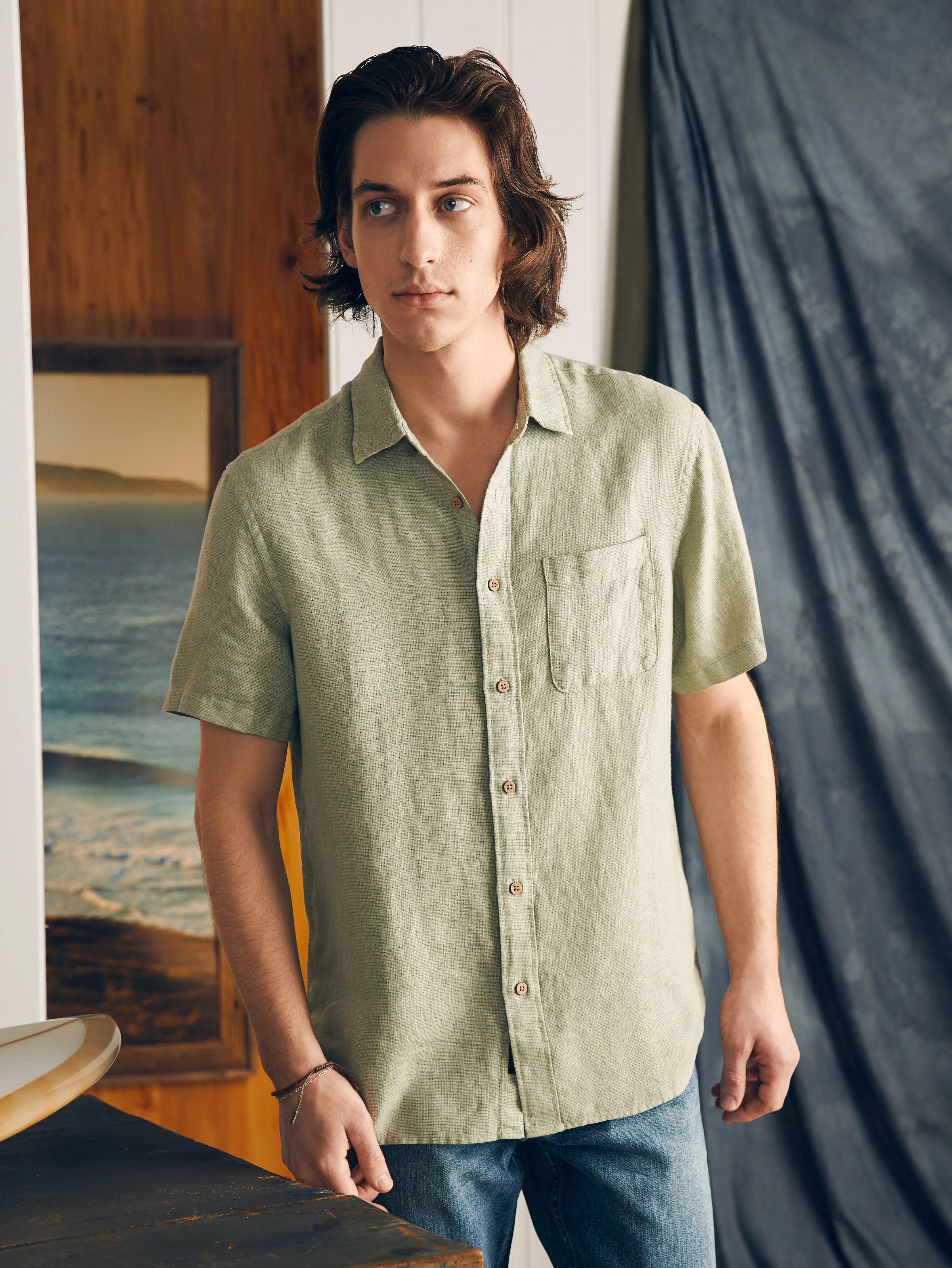 Short-Sleeve Palma Linen Shirt - Canyon Olive Basketweave sold by Faherty