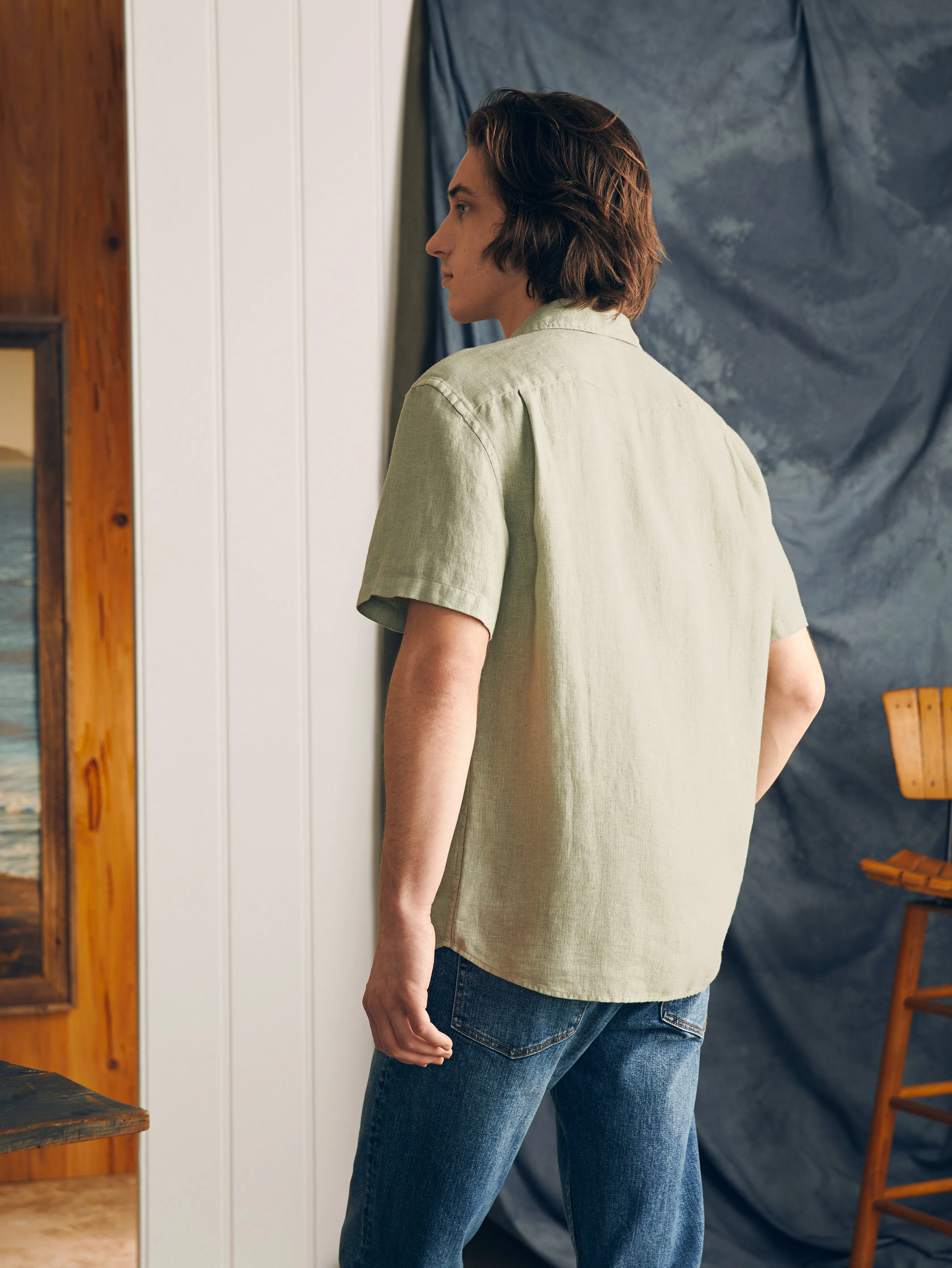 Short-Sleeve Palma Linen Shirt - Canyon Olive Basketweave sold by Faherty product image thumbnail 5