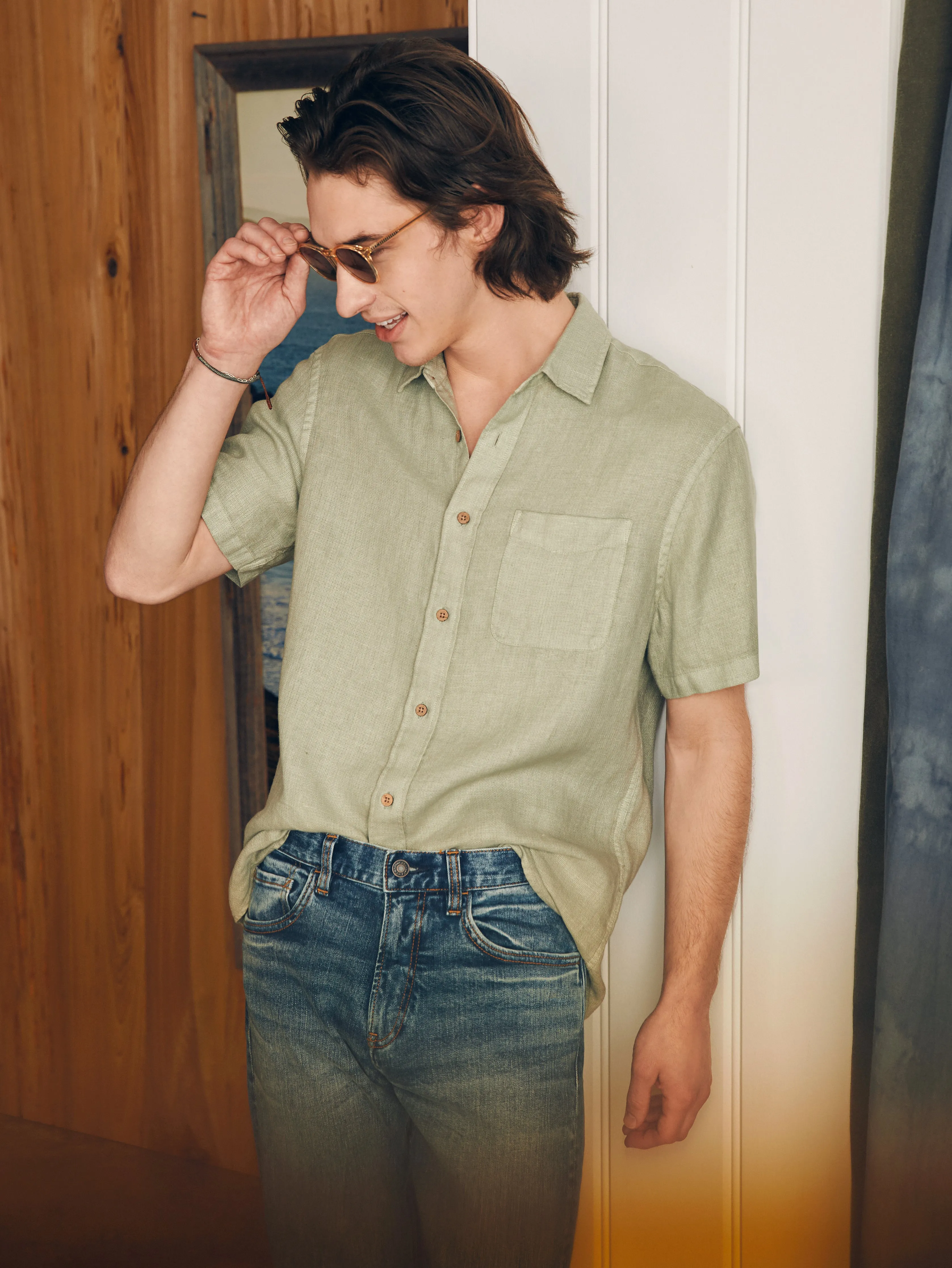 Short-Sleeve Palma Linen Shirt - Canyon Olive Basketweave sold by Faherty product image thumbnail 3