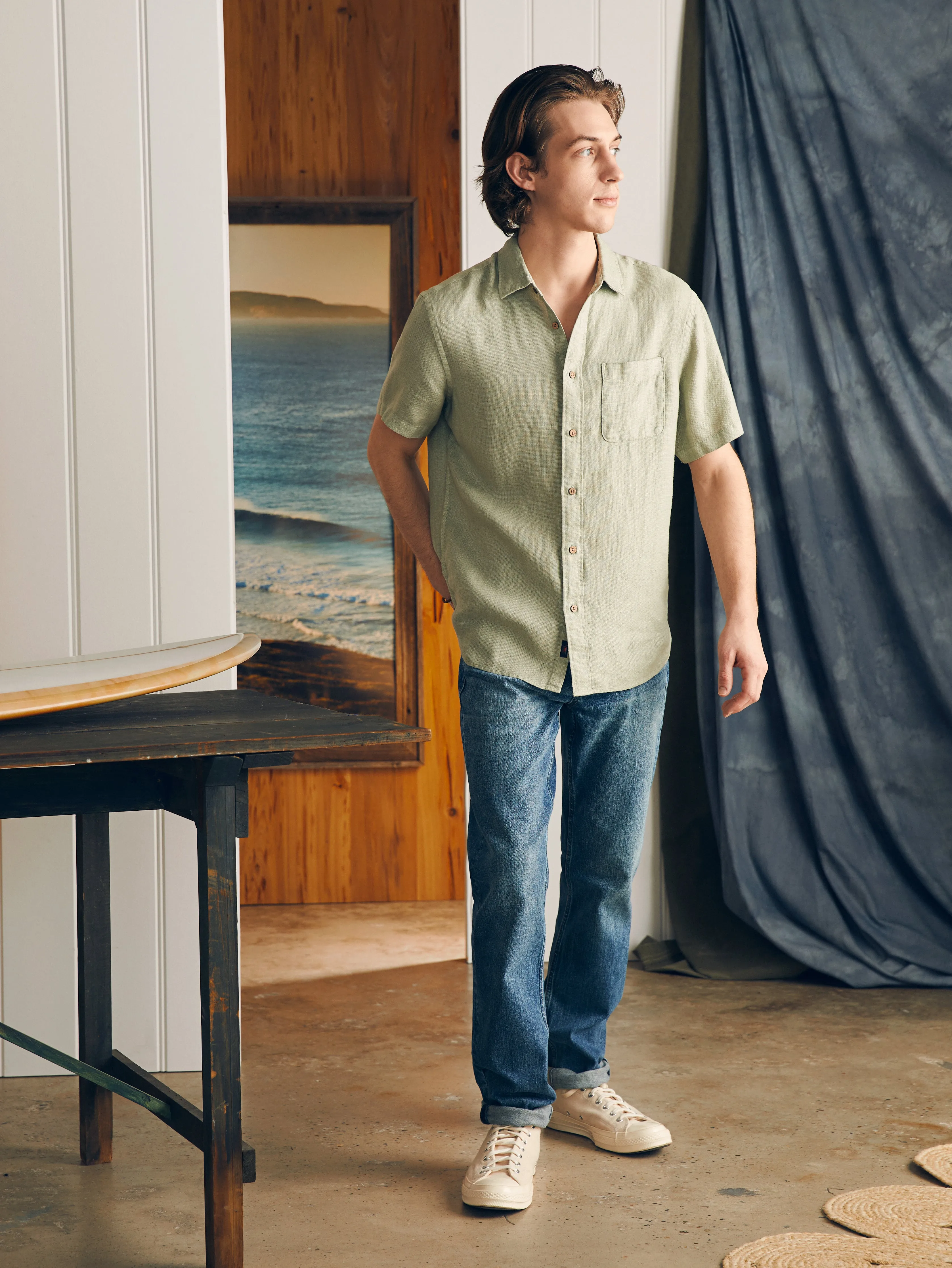 Short-Sleeve Palma Linen Shirt - Canyon Olive Basketweave sold by Faherty product image thumbnail 4