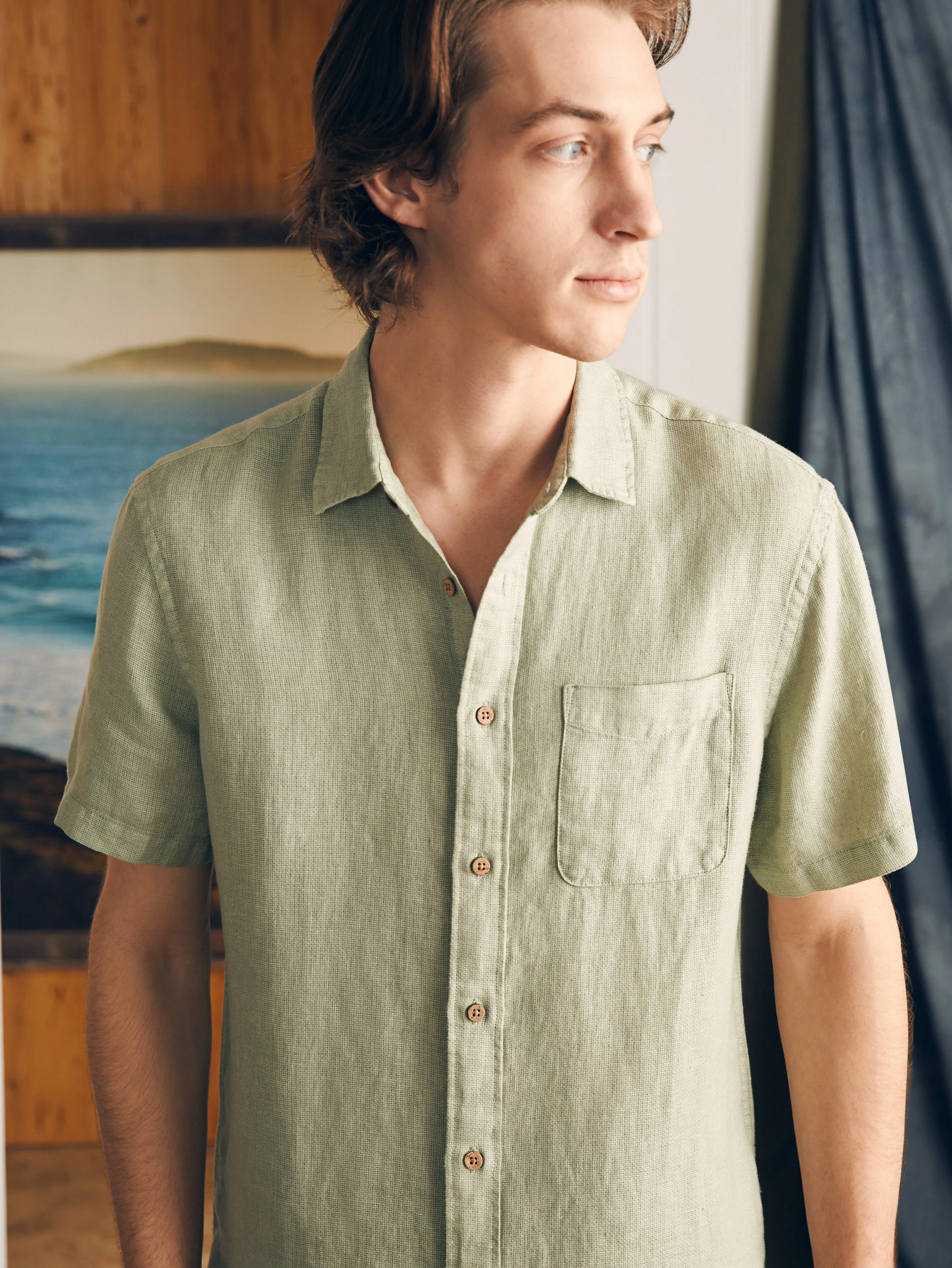 Short-Sleeve Palma Linen Shirt - Canyon Olive Basketweave sold by Faherty product image thumbnail 2