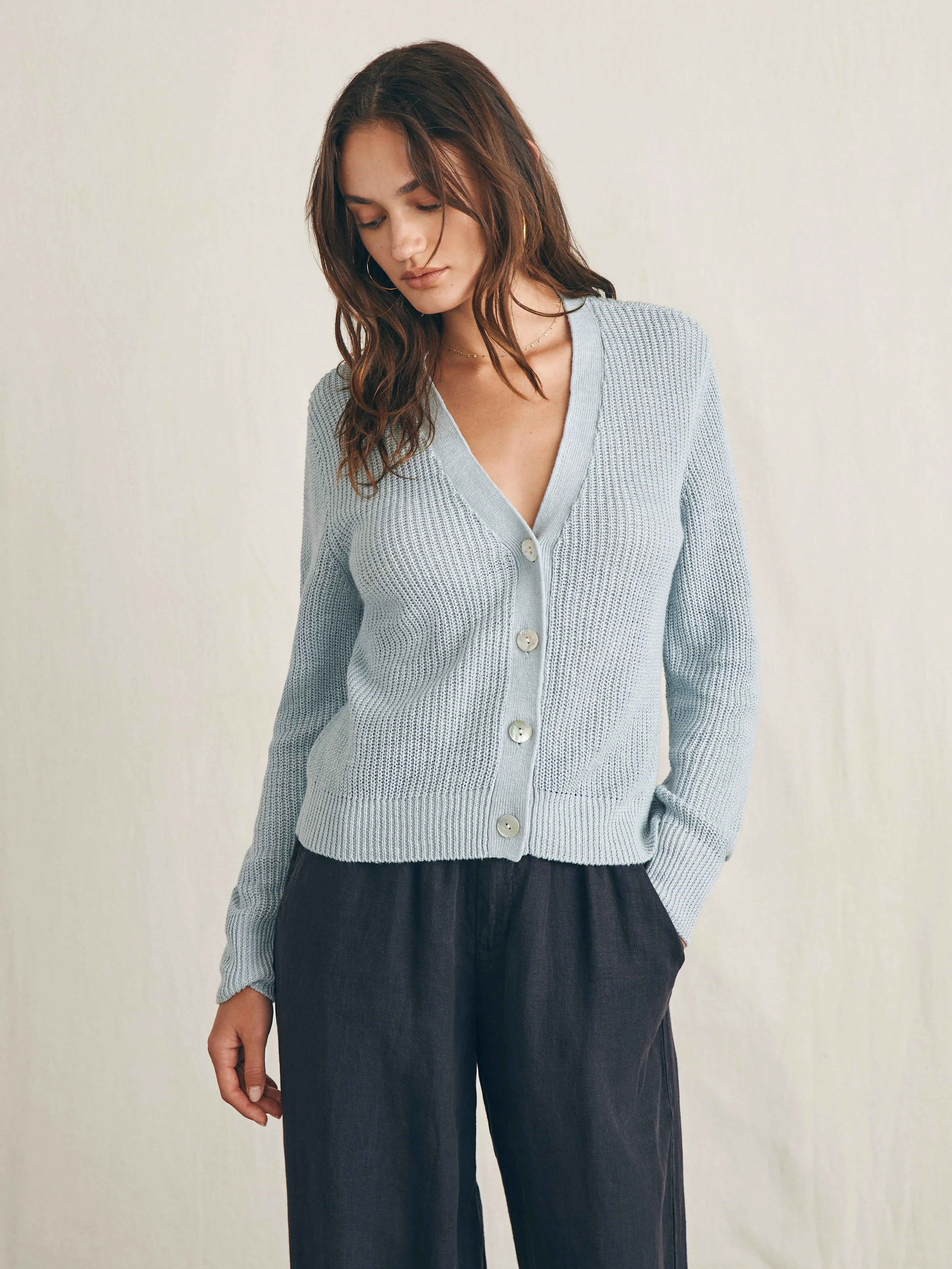 Miramar Linen Cardigan - Chalk Blue sold by Faherty