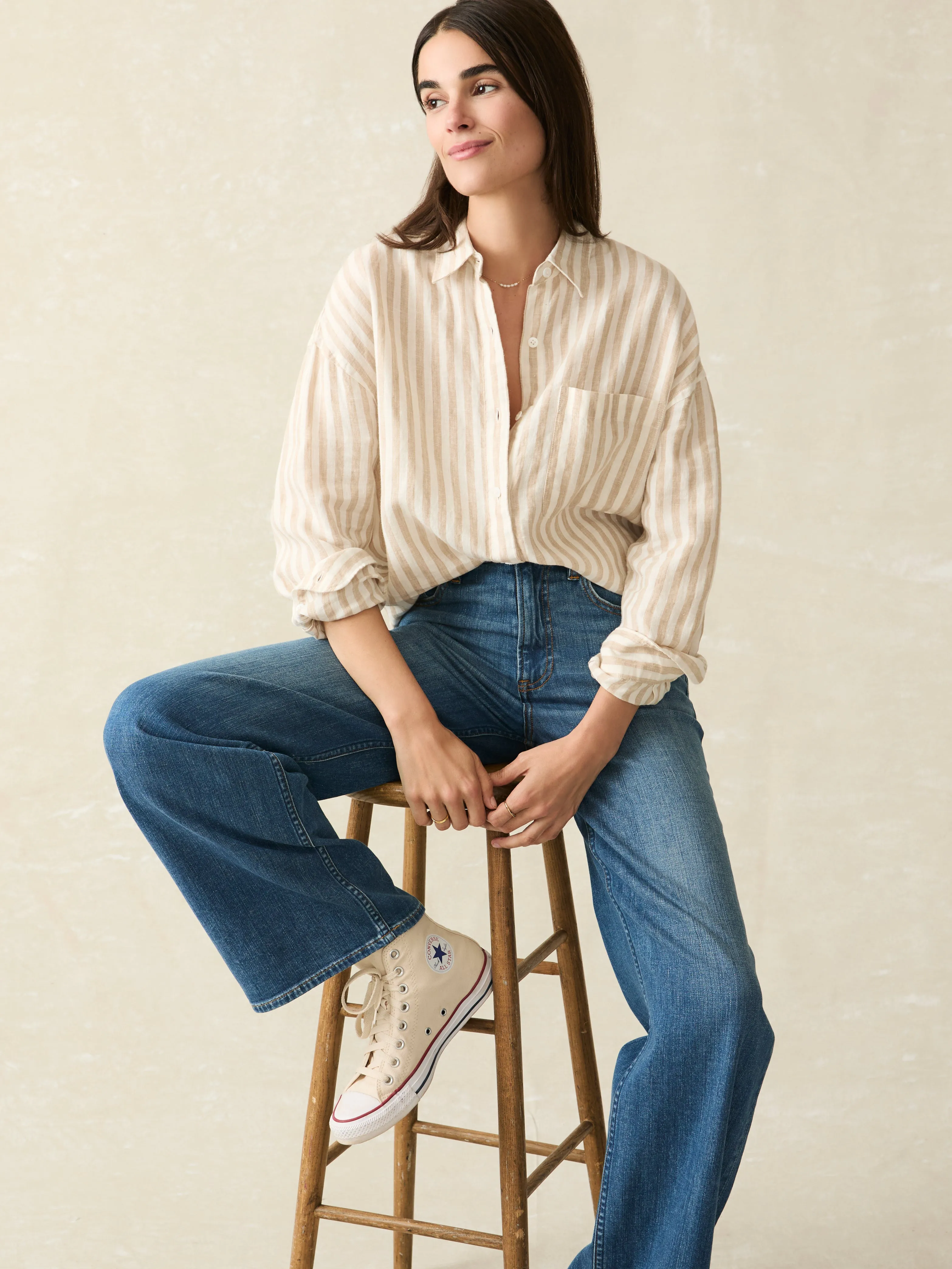 Laguna Linen Relaxed Shirt - Tan Lucy Stripe sold by Faherty