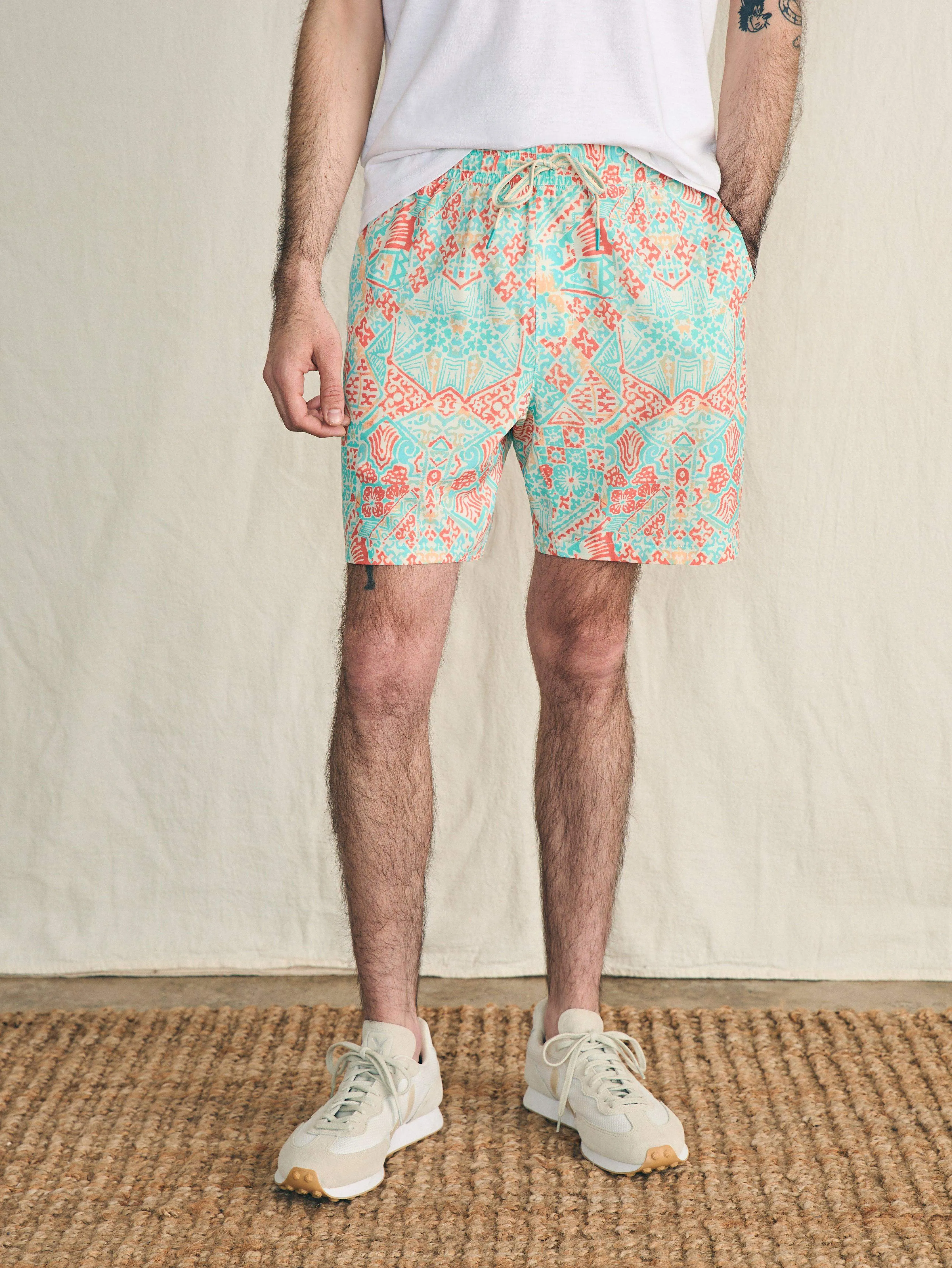 Shorelite Active Swim Short (7" Inseam) - Tropic Clay Block Print sold by Faherty