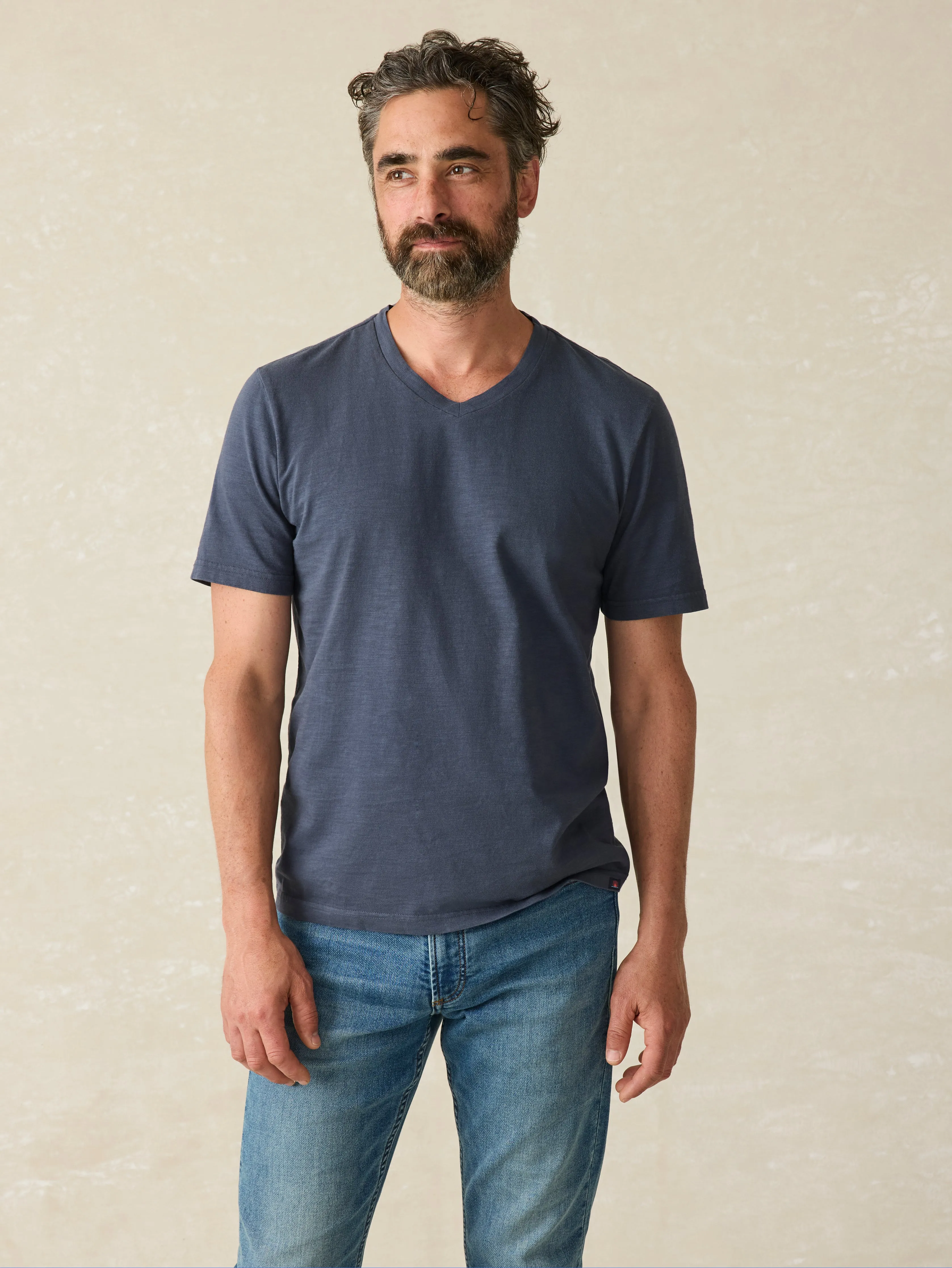 Sunwashed V-Neck Tee - Dune Navy sold by Faherty