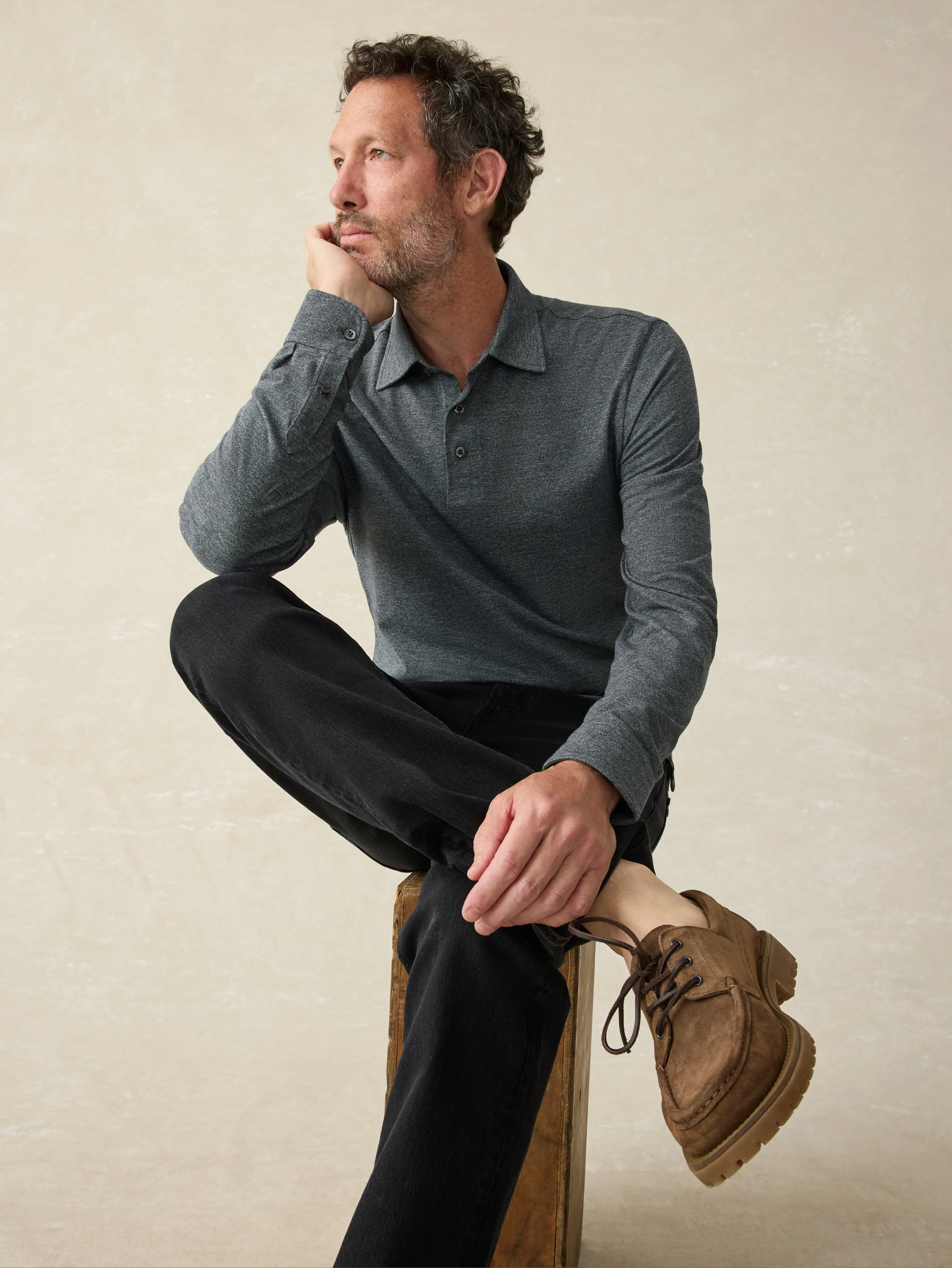 Movement™ Long-Sleeve Pique Polo - Dusty Iron Heather sold by Faherty product image thumbnail 2