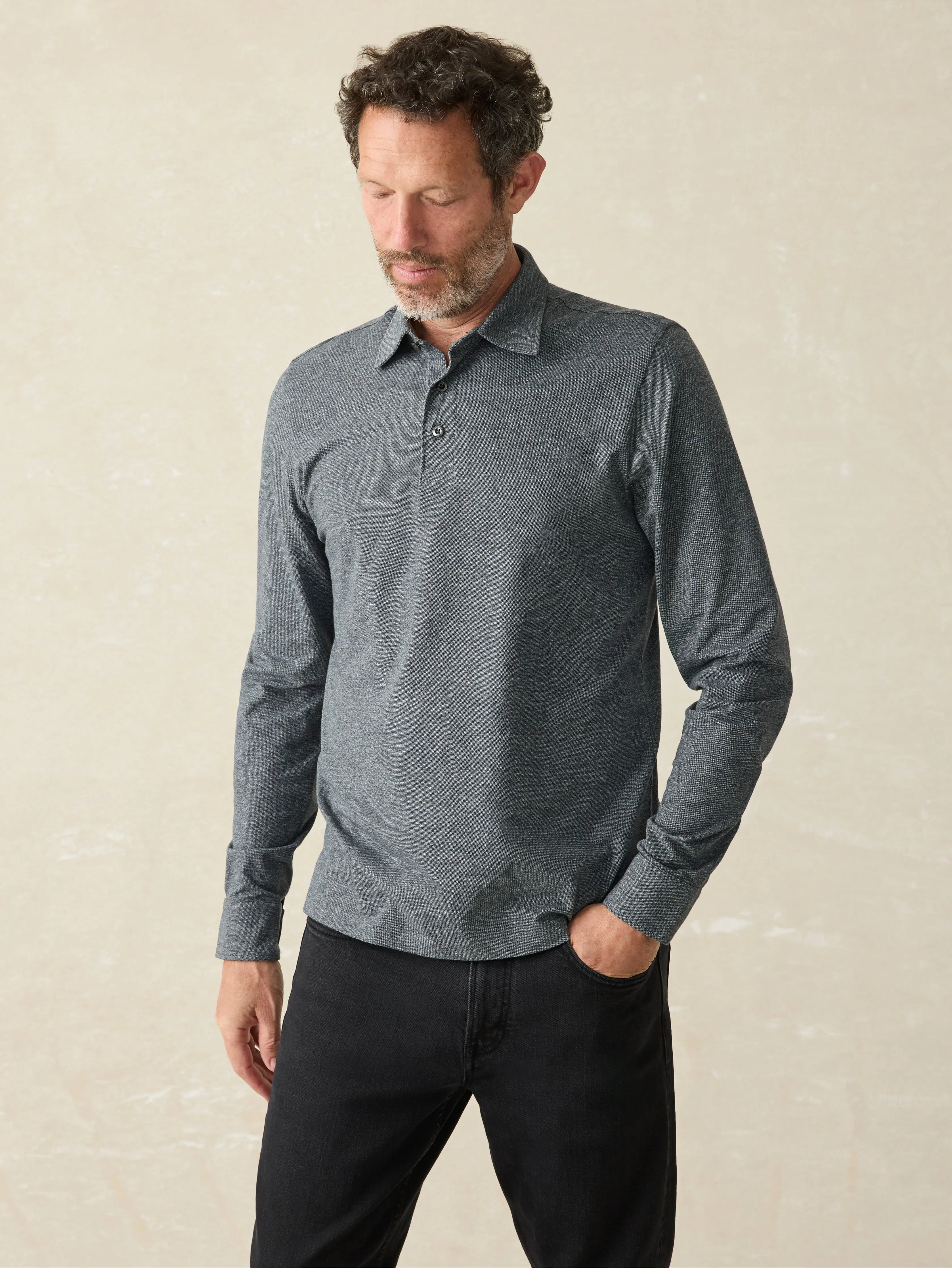 Movement™ Long-Sleeve Pique Polo - Dusty Iron Heather sold by Faherty product image thumbnail 5