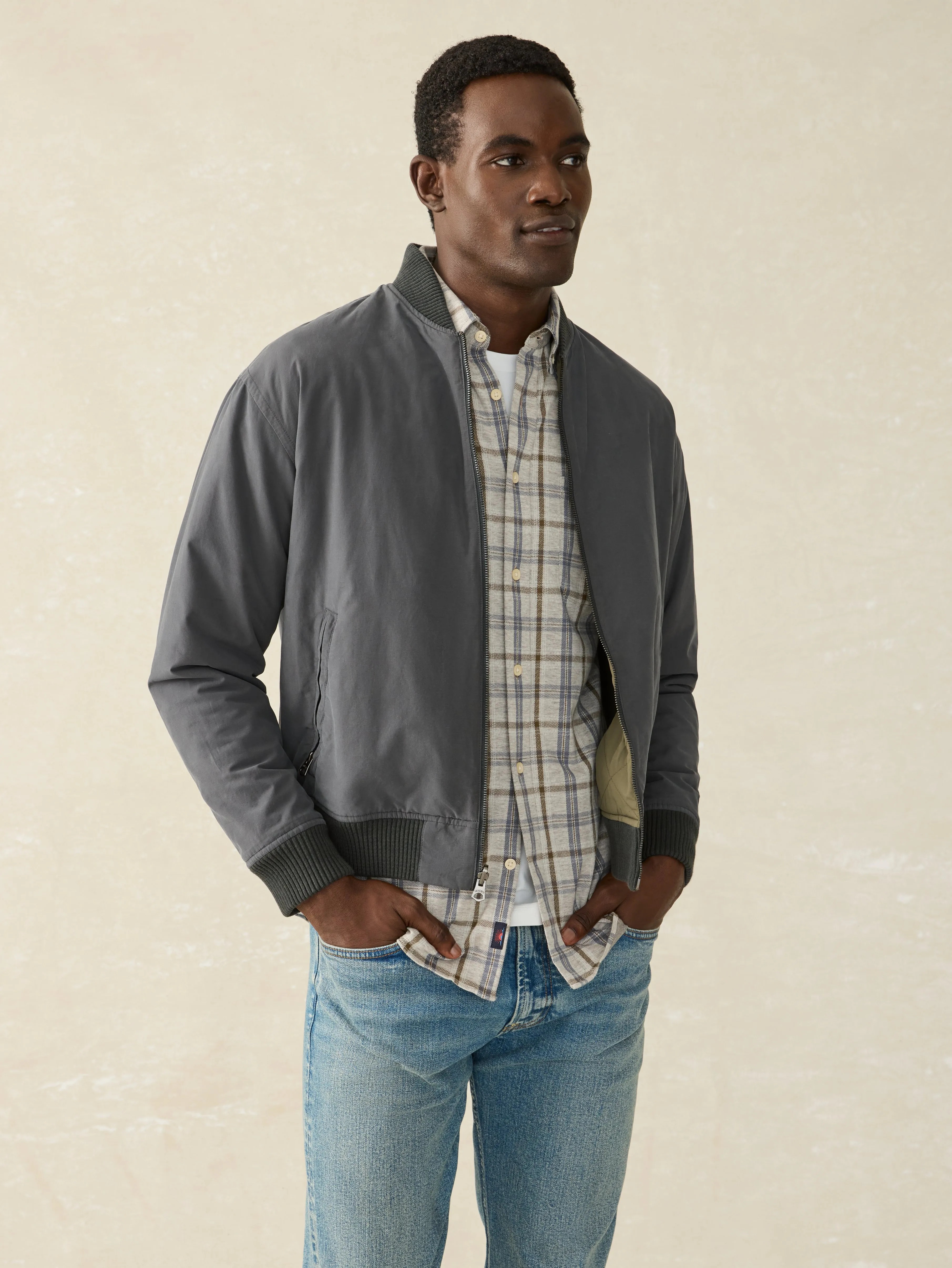 Reversible Surplus Bomber - Washed Charcoal Deep Sage sold by Faherty