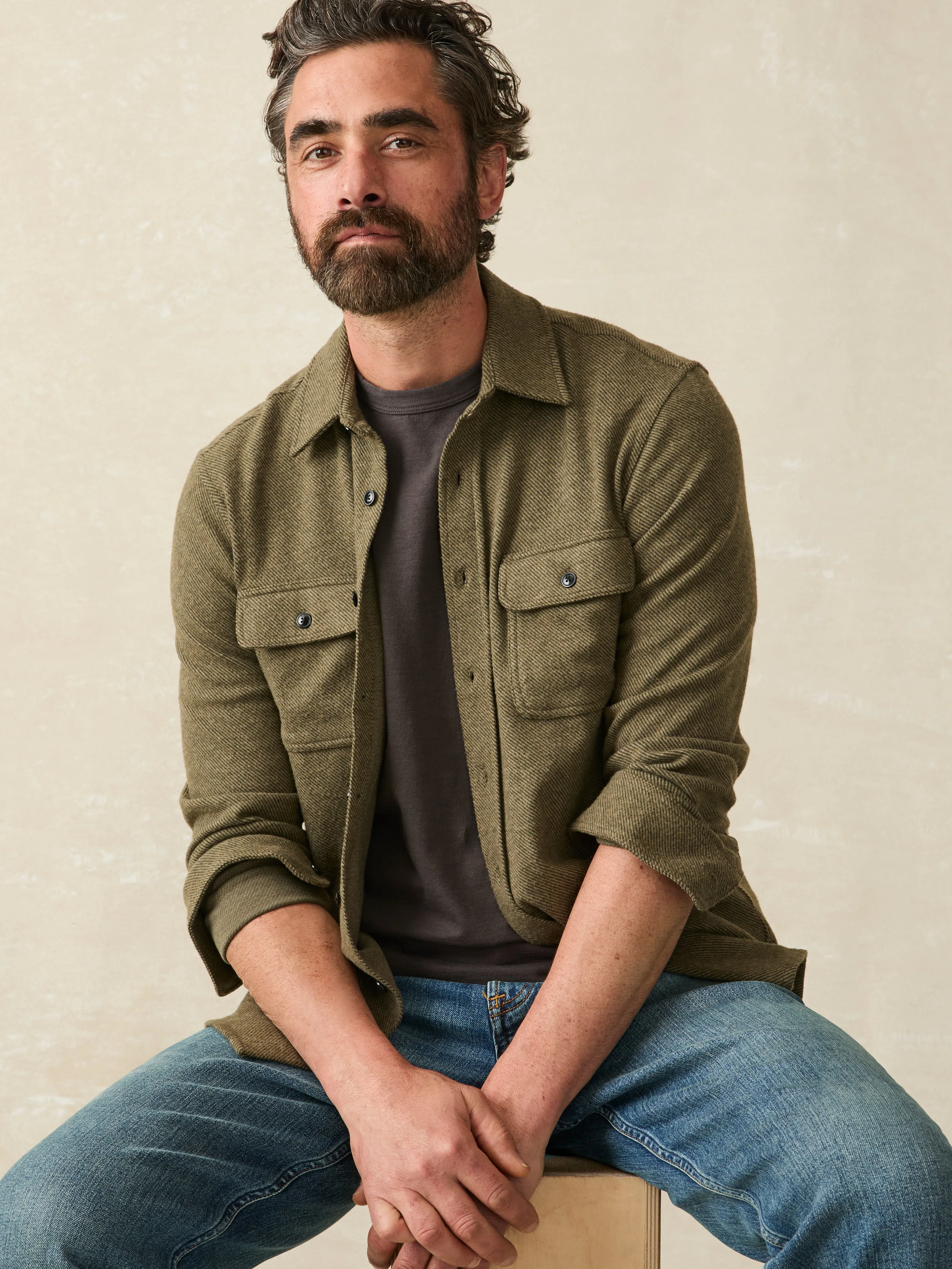 Legend™ Sweater Shirt - Olive Melange Twill sold by Faherty product image thumbnail 3