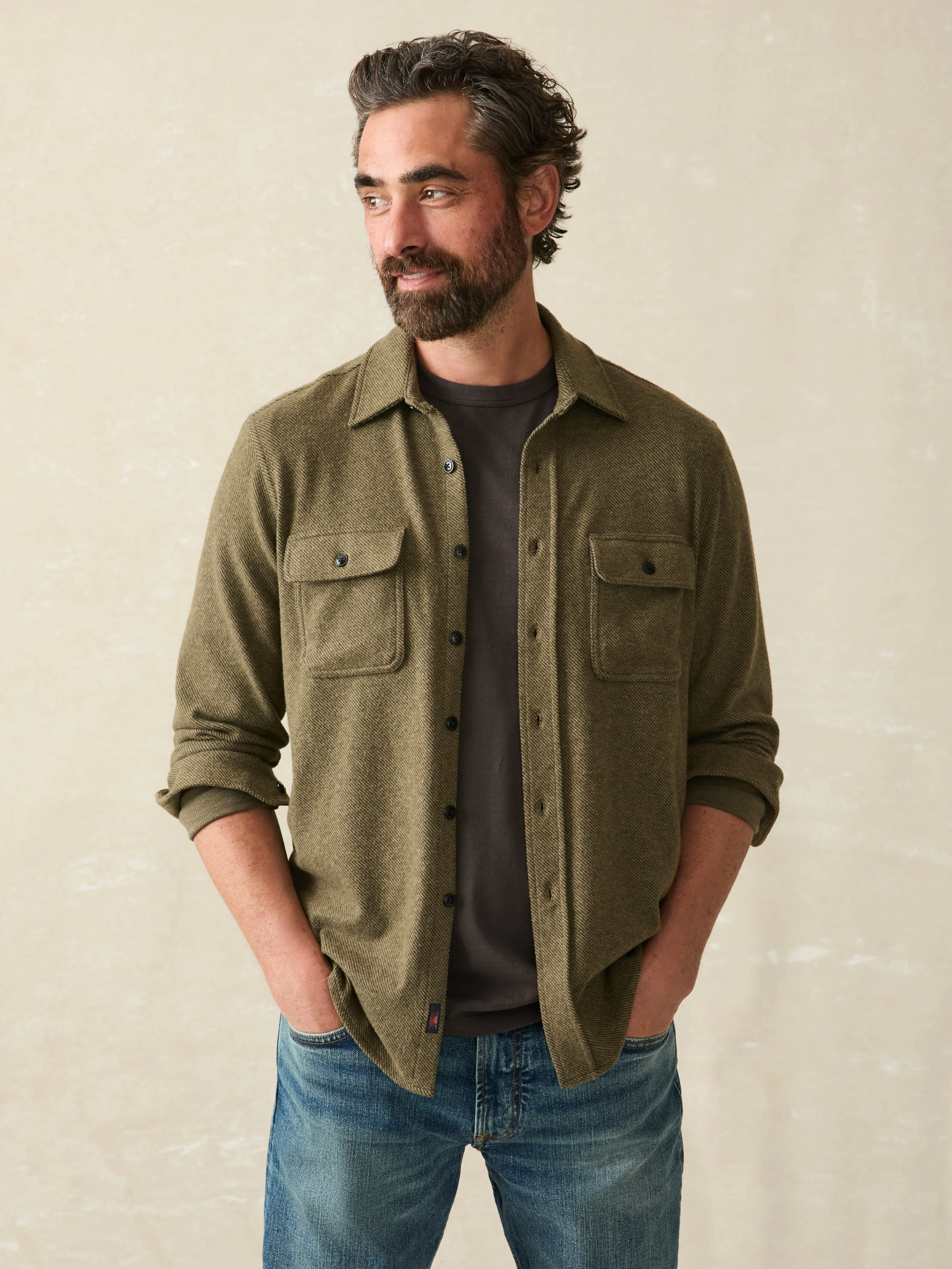 Legend™ Sweater Shirt - Olive Melange Twill sold by Faherty