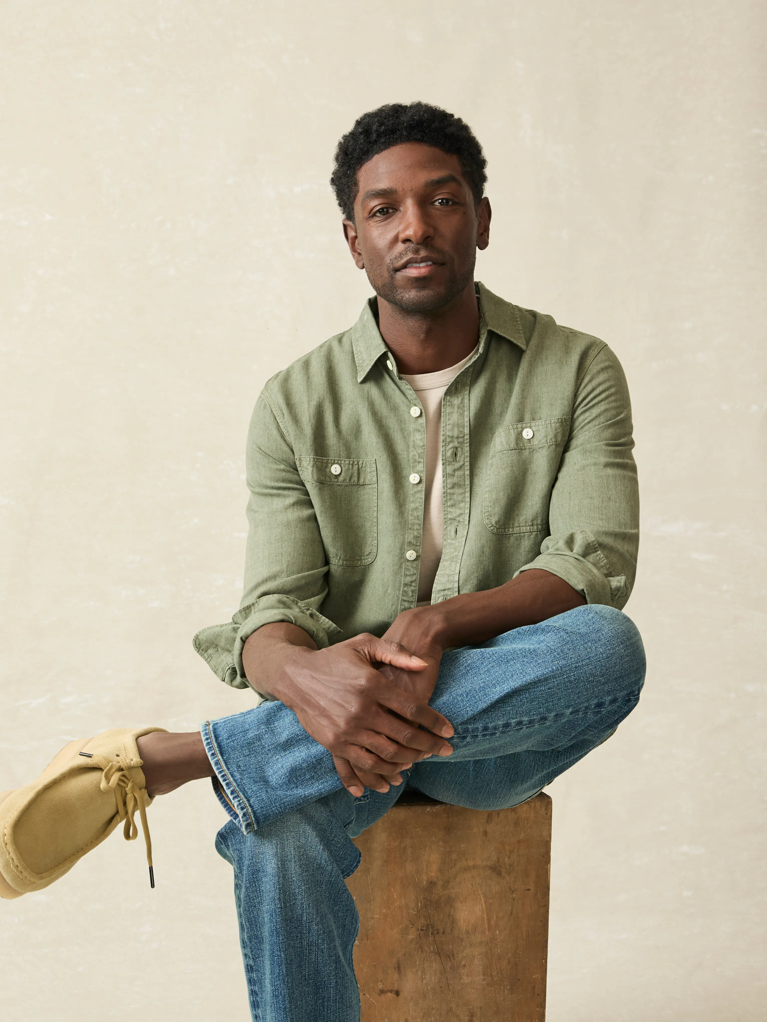 Tried & True Chambray Workshirt - Desert Olive sold by Faherty product image thumbnail 3