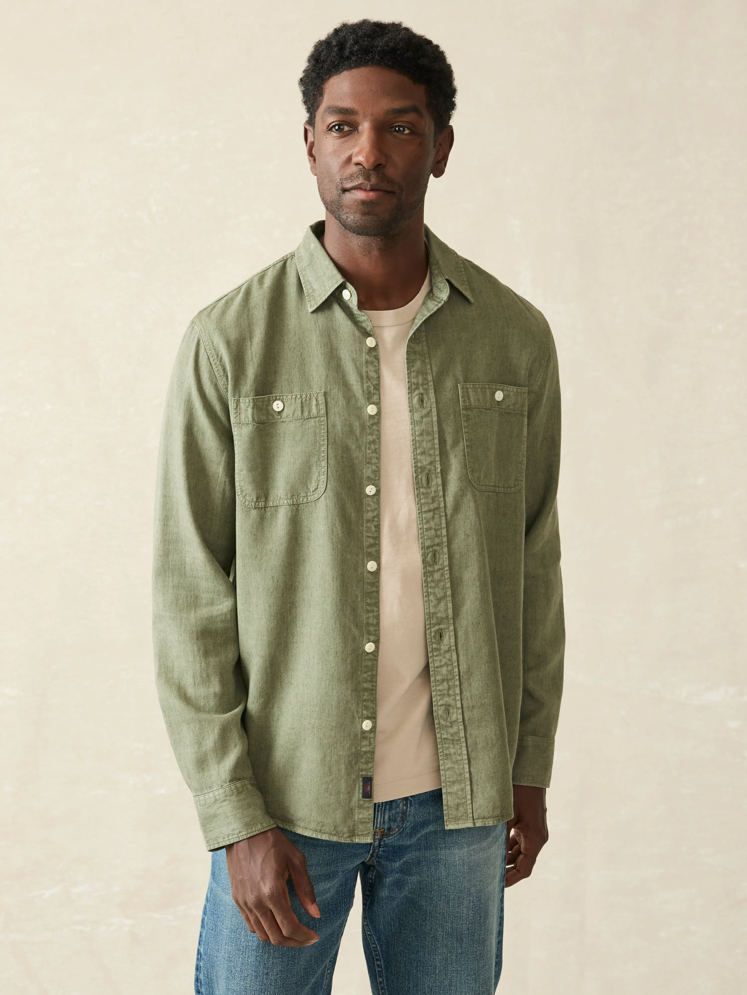 Tried & True Chambray Workshirt - Desert Olive sold by Faherty