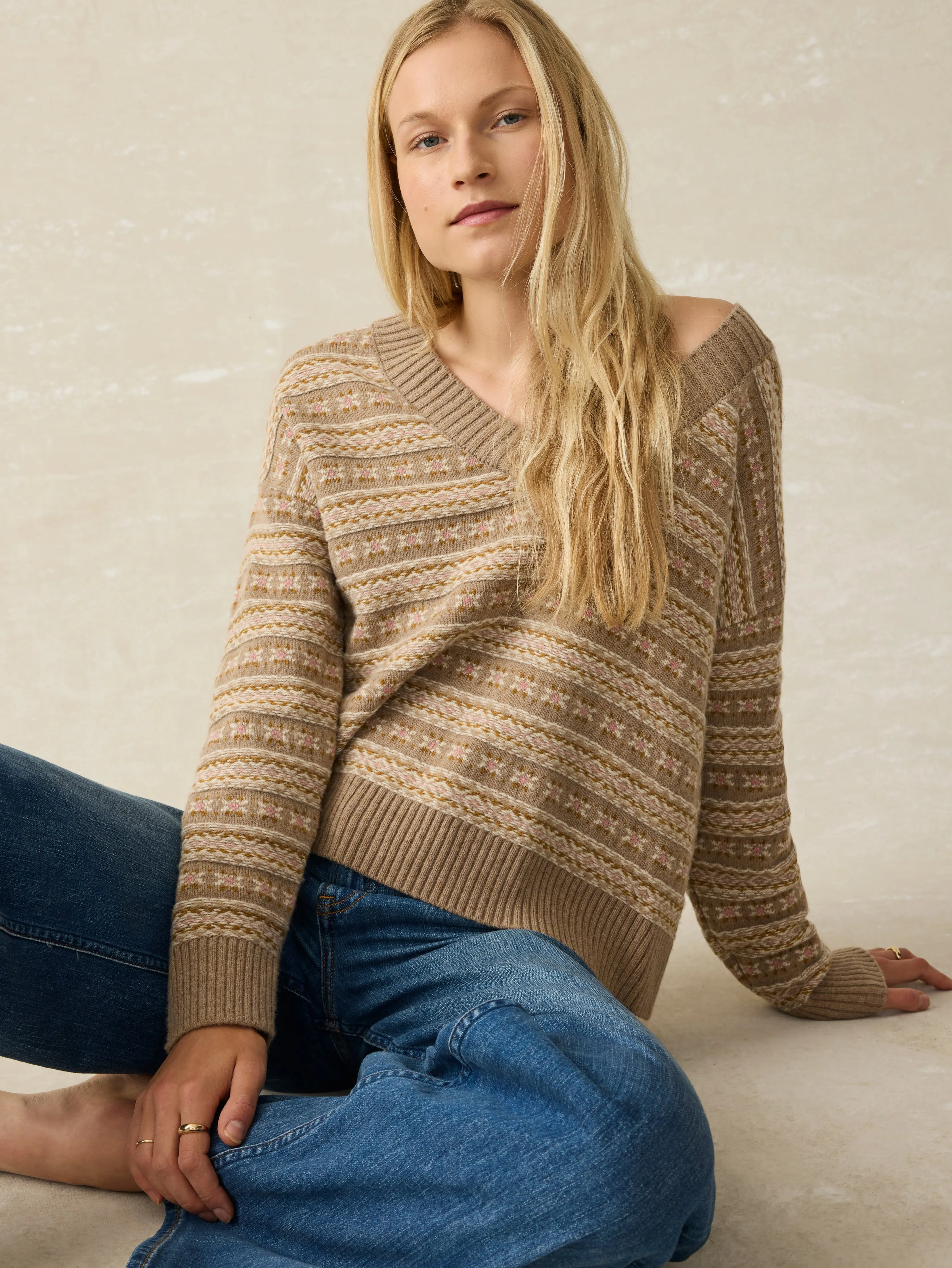 Highland Fairisle V-Neck Sweater - Sugar Cookie Fairisle sold by Faherty product image thumbnail 3