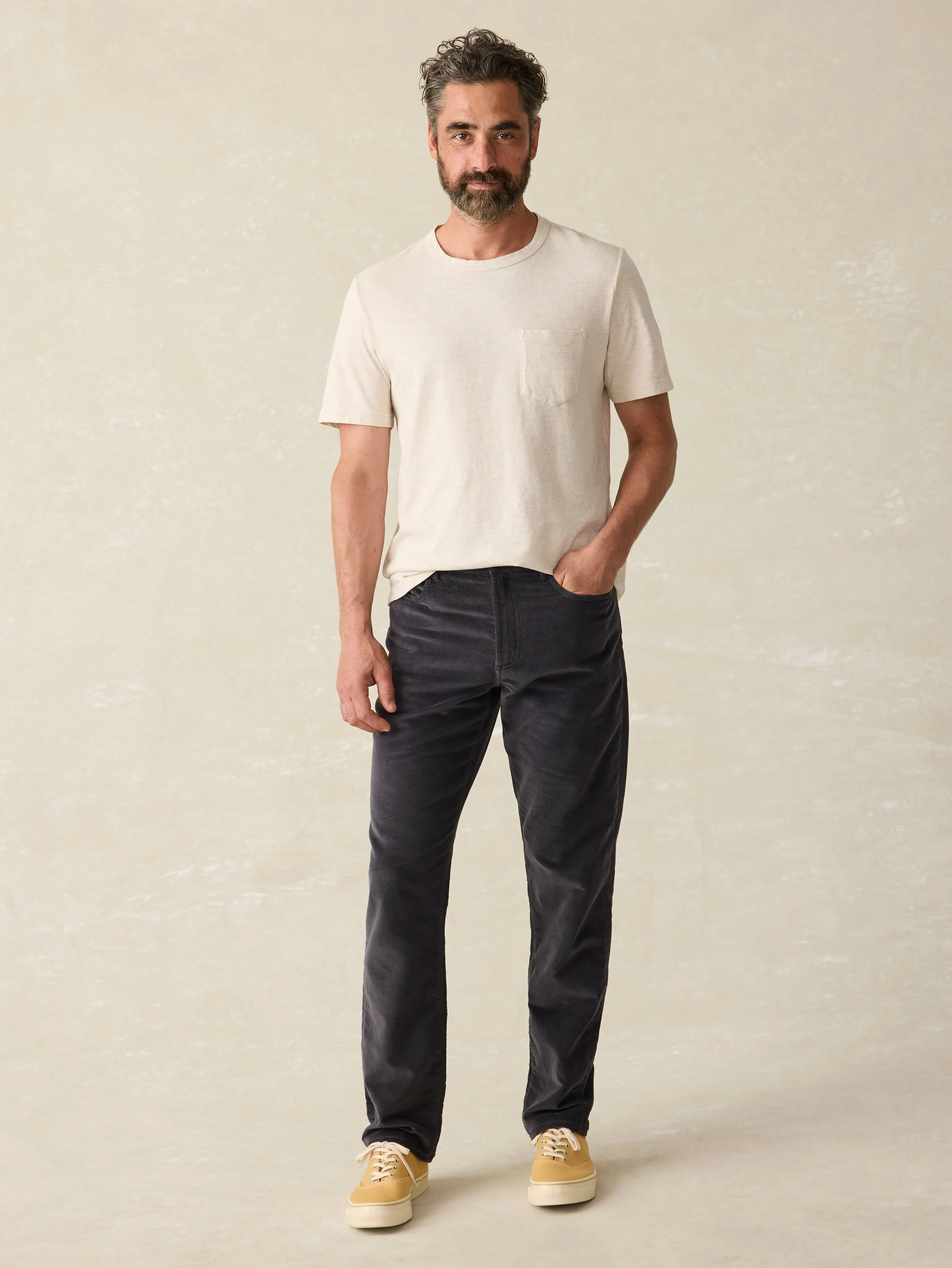 Stretch Terry Corduroy 5-Pocket Pant - Washed Charcoal sold by Faherty
