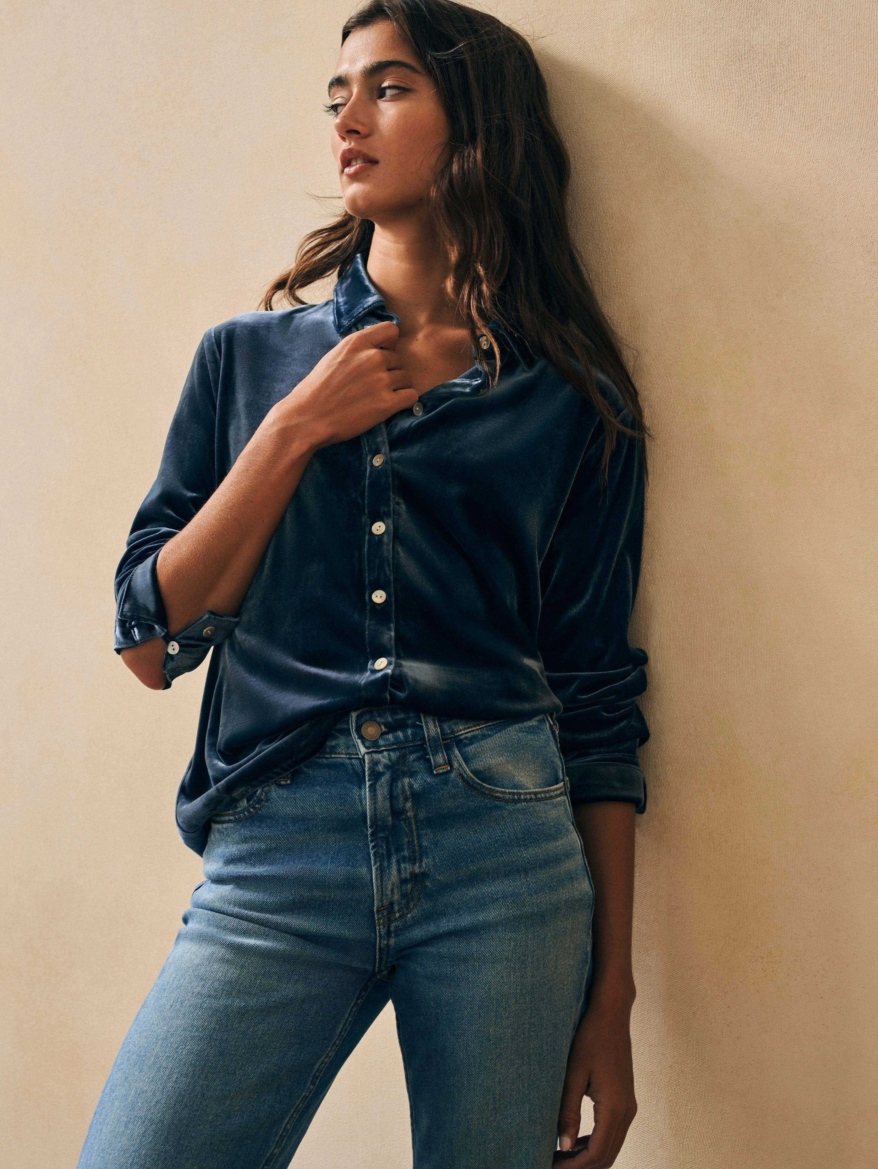 Stretch Silk Velvet Genevieve Shirt - Navy sold by Faherty product image thumbnail 3