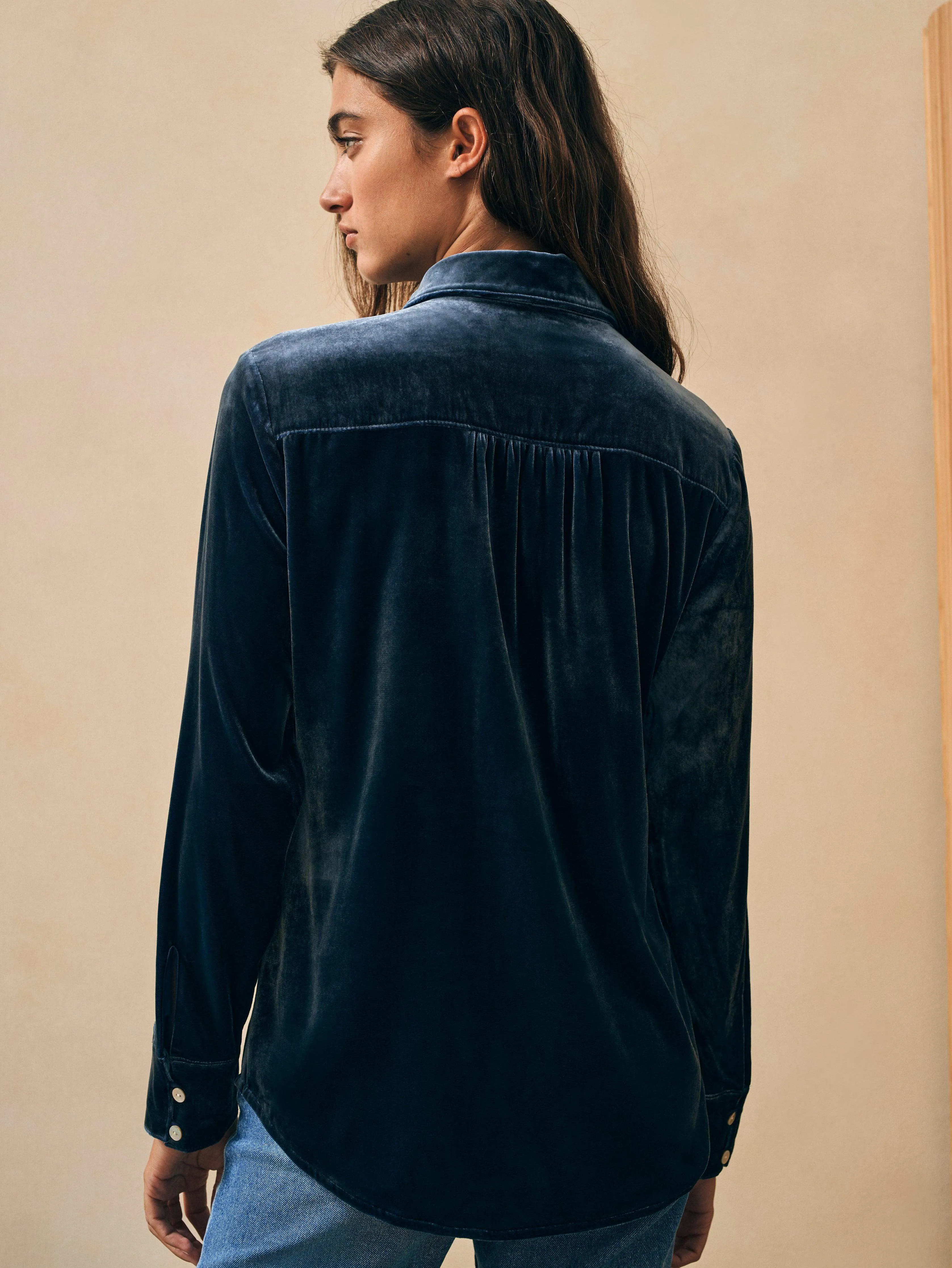 Stretch Silk Velvet Genevieve Shirt - Navy sold by Faherty product image thumbnail 5