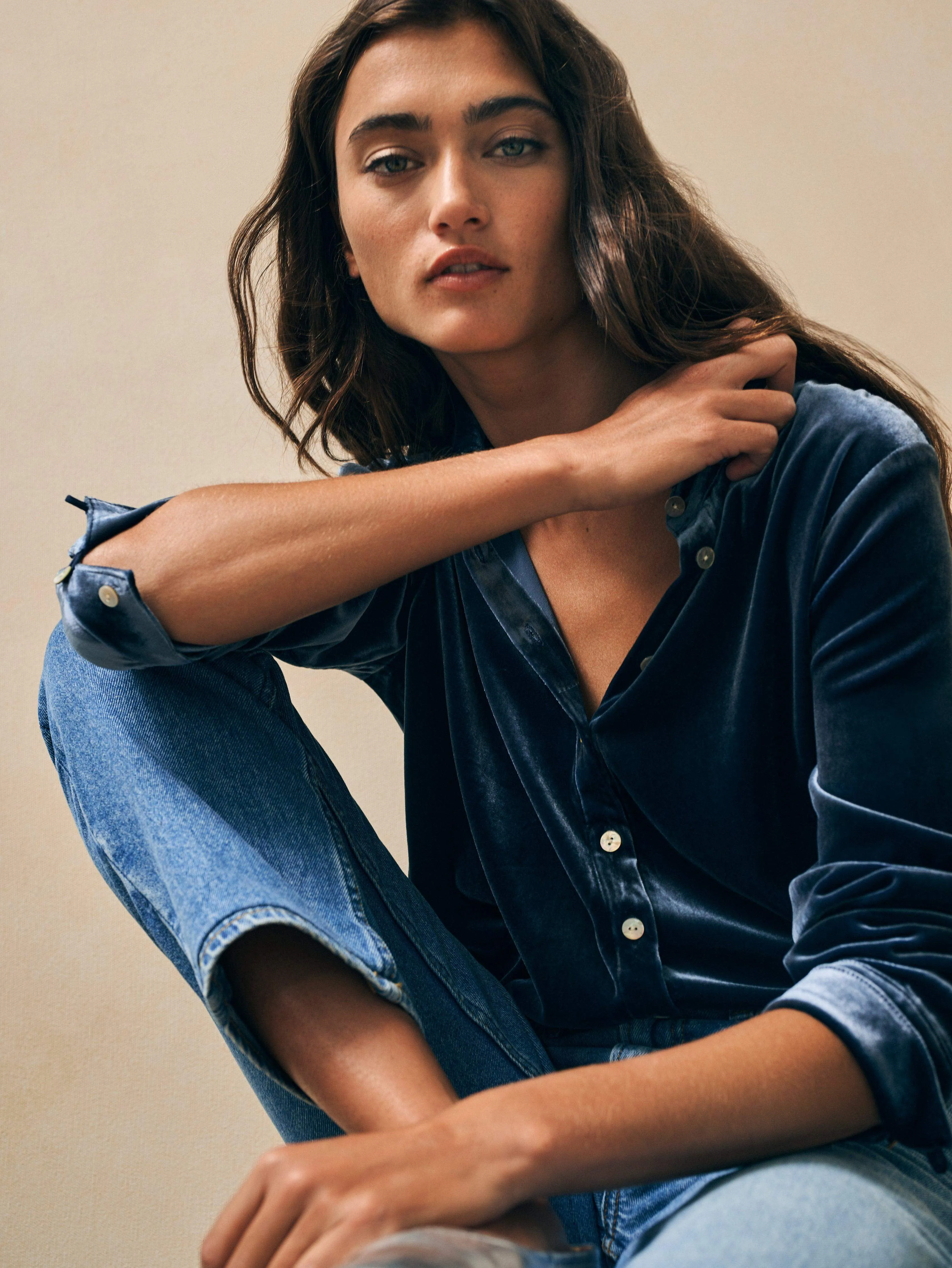 Stretch Silk Velvet Genevieve Shirt - Navy sold by Faherty