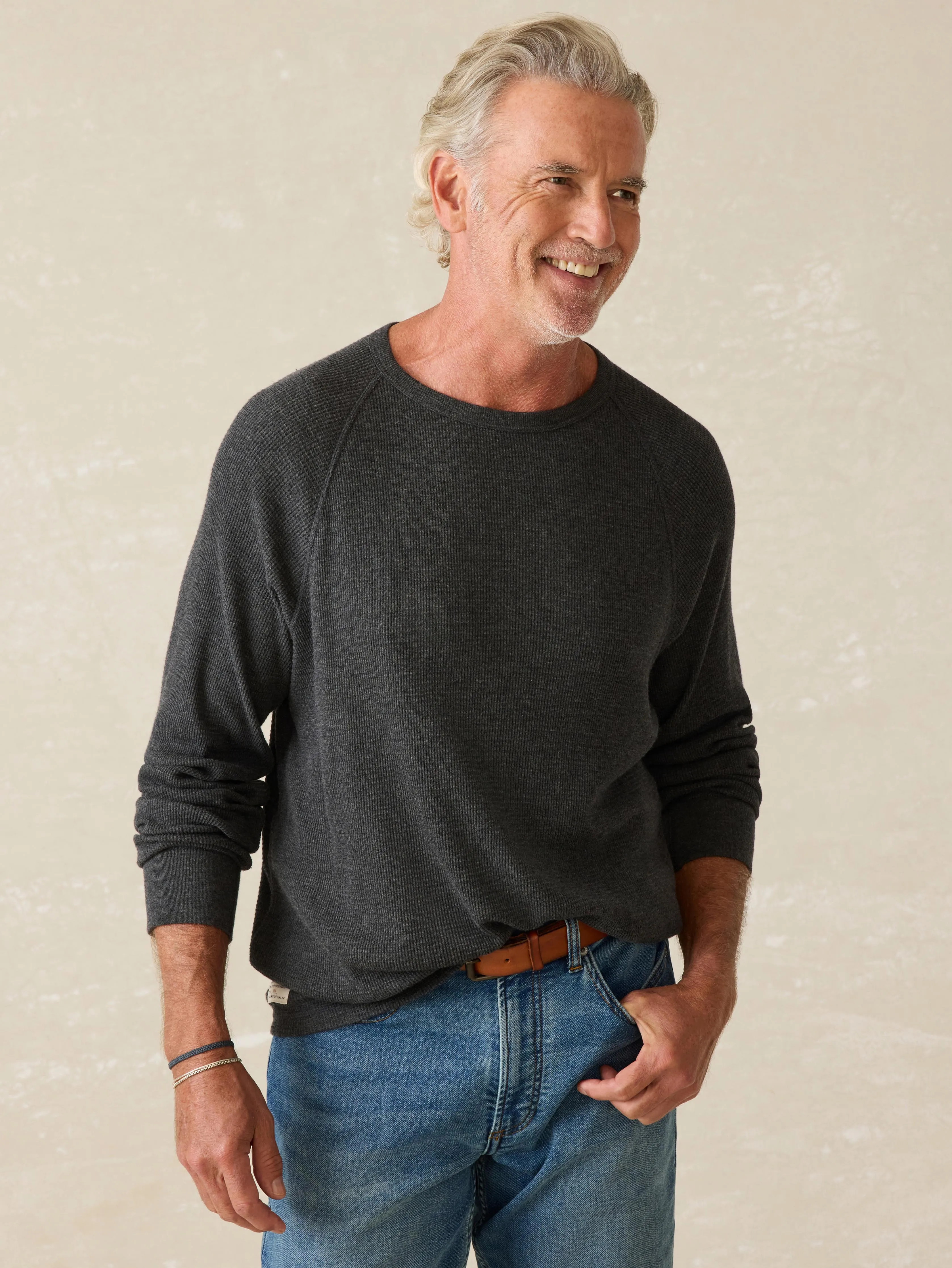 Long-Sleeve Cloud Waffle Crew - Charcoal Heather sold by Faherty